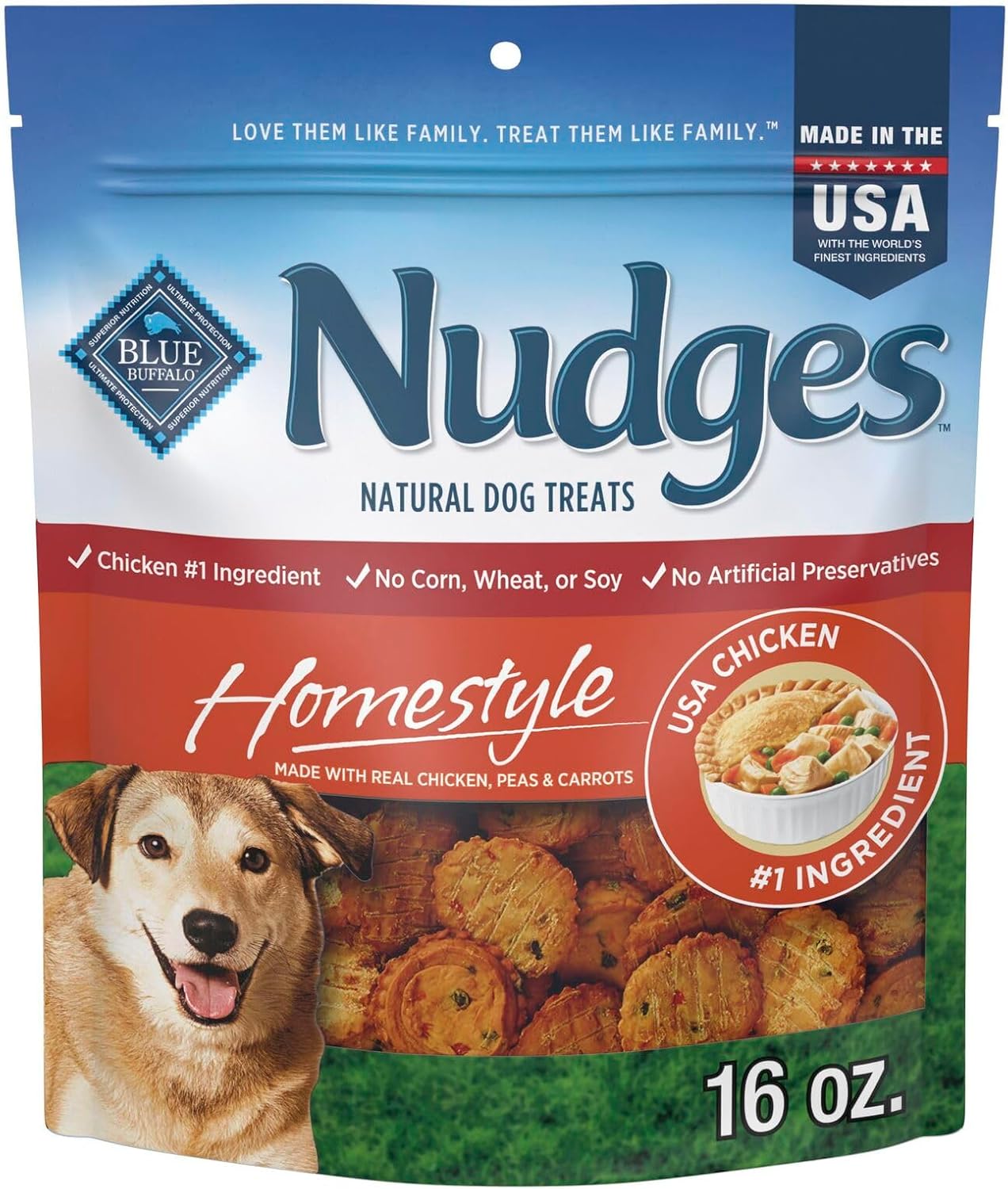 Blue Buffalo Nudges Homestyle Natural Dog Treats, Made in the USA with Real Chicken, Peas, and Carrots, 16-oz. Bag