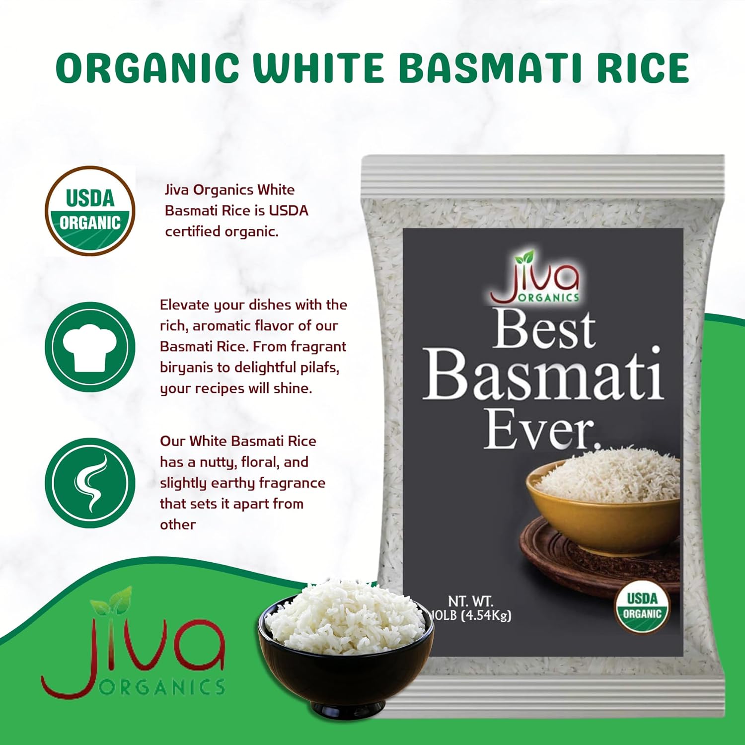 Organic Basmati Rice 10 LB Bag - Pure, Long, Premium Quality from India - by Jiva Organics
