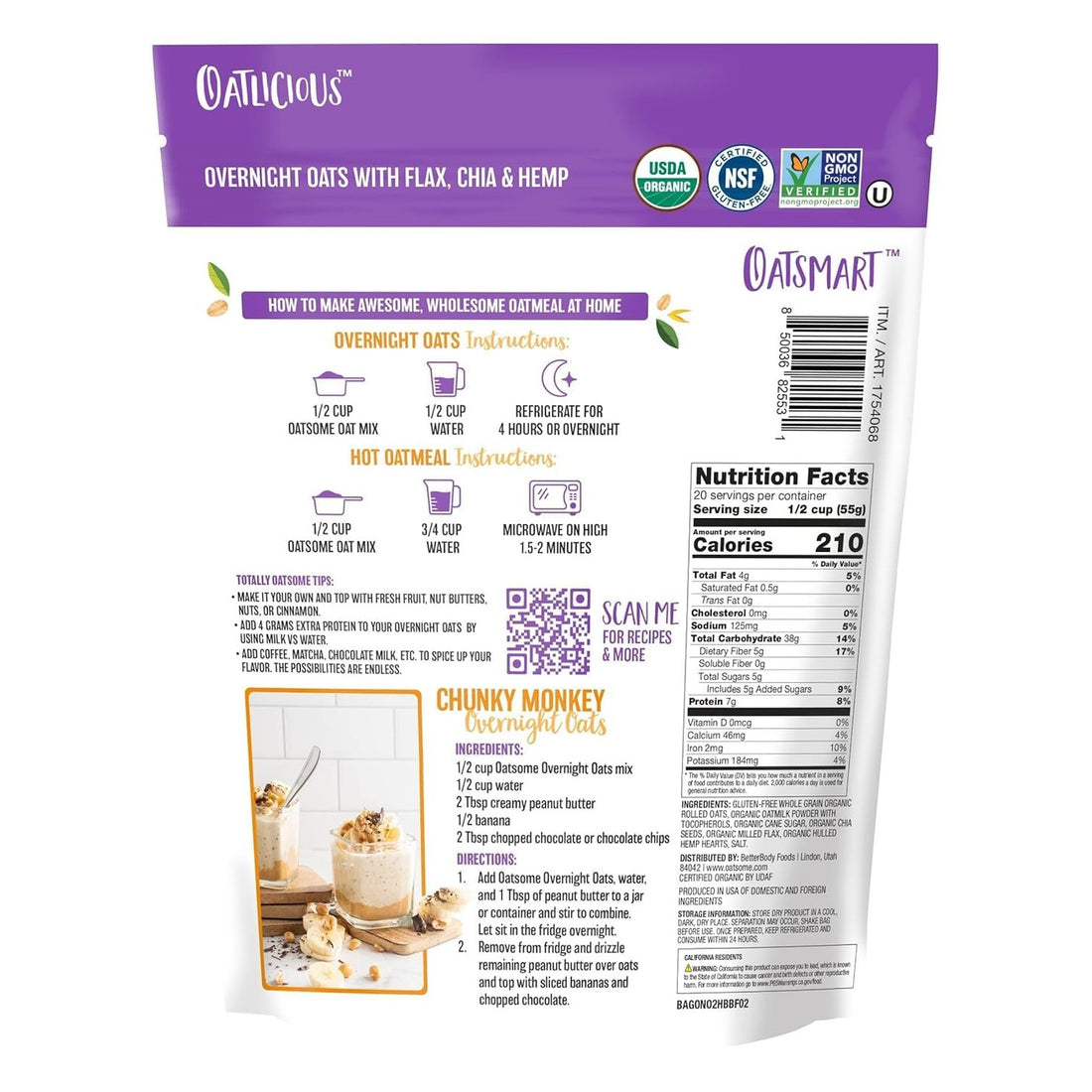 Oatsome Organic Overnight Oats with Chia, Flax, & Hemp, Gluten-Free Oatmeal with 7g of Protein, 2 lb 8 oz (40oz) Bag