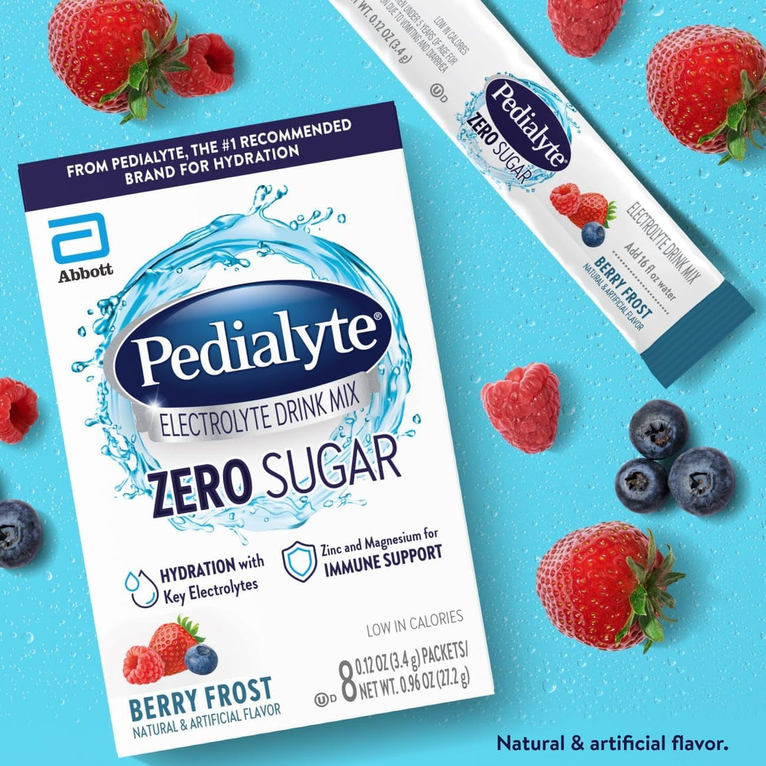 Pedialyte Electrolyte Drink Mix With Zero Sugar | Hydration With Key Electrolytes | Great Hydration Low in Calories | Berry Frost, 8 Powder Packets