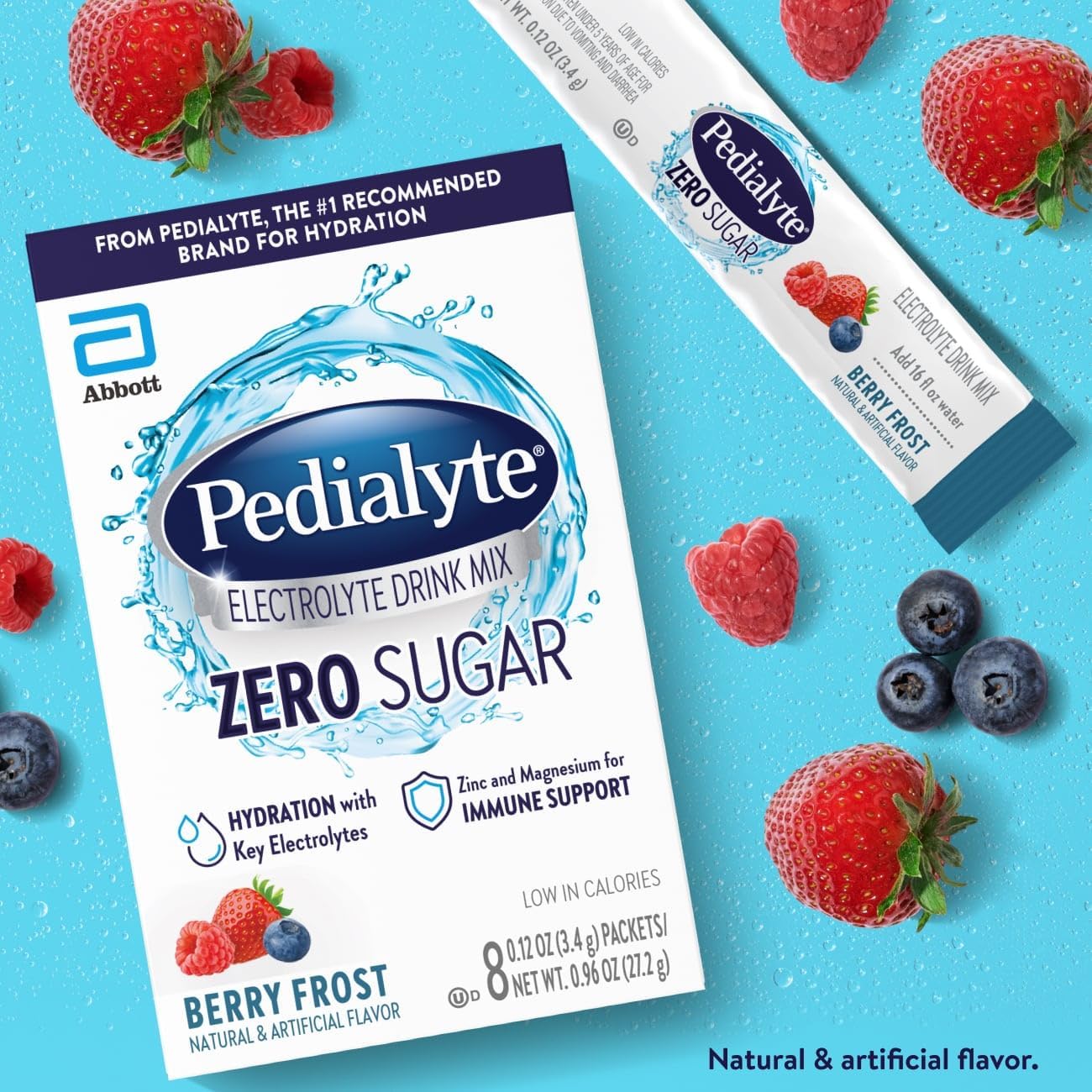 Pedialyte Electrolyte Drink Mix With Zero Sugar | Hydration With Key Electrolytes | Great Hydration Low in Calories | Berry Frost, 8 Powder Packets