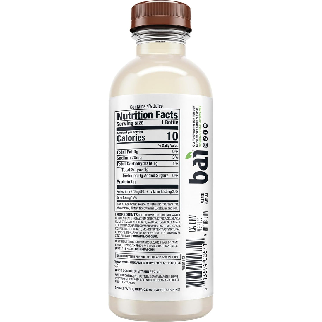 Bai Antioxidant Infused Water Beverage, Molokai Coconut, with Vitamin C and No Artificial Sweeteners, 18 Fluid Ounce Bottle, 12 Pack
