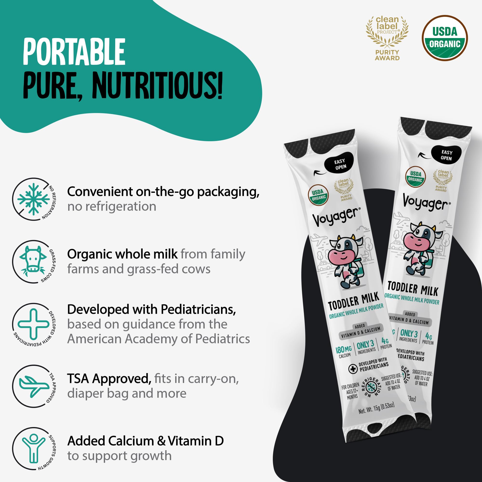 Voyager Toddler Milk On The Go, USDA Organic Shelf Stable Whole Milk Powder, Great for Travel, No Refrigeration, Gluten Free with No GMO's and No Antibiotics for Kids, 16 Sachets of 15g