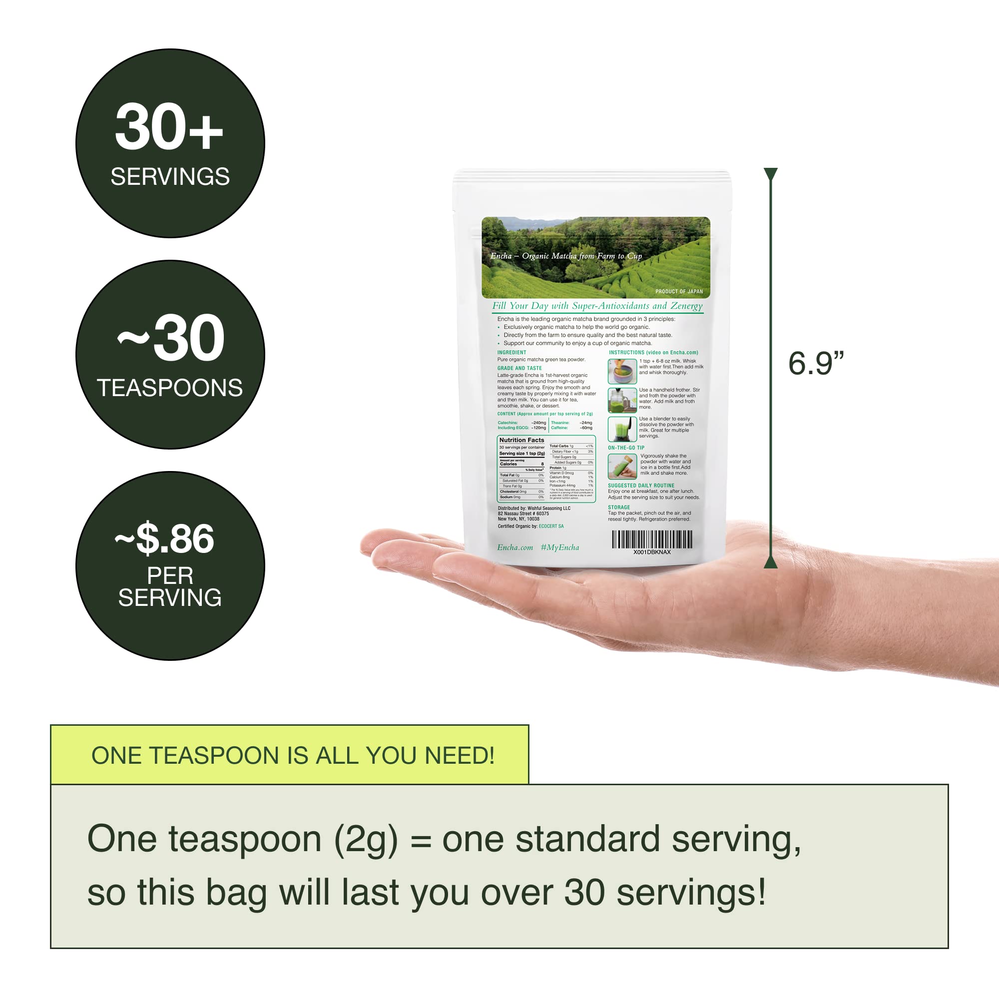 Encha Ceremonial Grade Matcha Powder - Organic First Harvest Japanese Matcha Green Tea, Matcha Tea From Uji, Japan (60g/2.12oz)