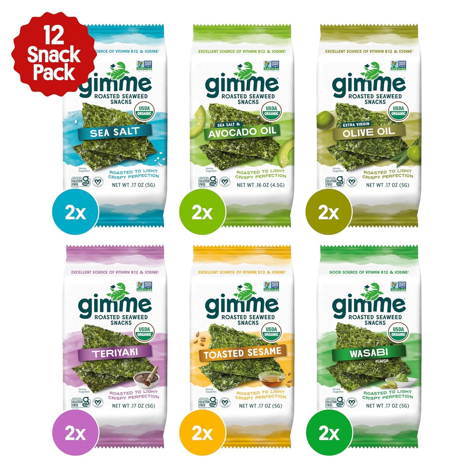 Gimme Seaweed Organic Premium Roasted Seaweed Snacks, Sea Salt, 20 Count, Keto, Vegan, Gluten-Free, Great Source of Omega3s and Iodine, Healthy On-The-Go Snack for Kids and Adults