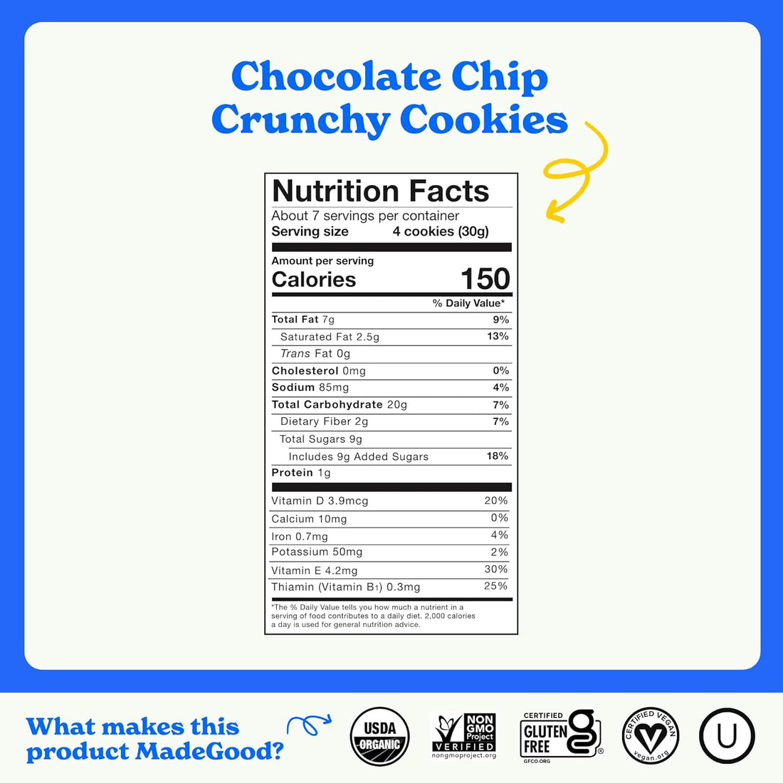 MadeGood Chocolate Chip Crunchy Cookies, 7 Ounce (6 Pouches) Organic and Gluten Free Snacks