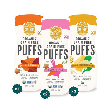 Serenity Kids 6+ Months Baby Puffs - Pack of 6, 1.5 oz, Variety Pack- USDA Organic Grain Free Toddler Food - Nut, Rice & Gluten Free Baby Snacks with Veggies, Legumes & Olive Oil