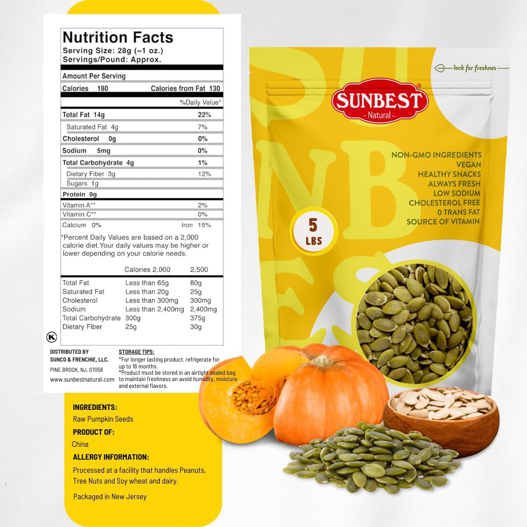 Sunbest Natural Roasted Pumpkin Seeds – 5 lb Bulk Bag – Shelled Pumpkin Seeds, Roasted Salted Pepitas – Fresh, Nutrient-Rich, Non-GMO, Vegan, Kosher – Perfect for Snacking, Cooking & Baking