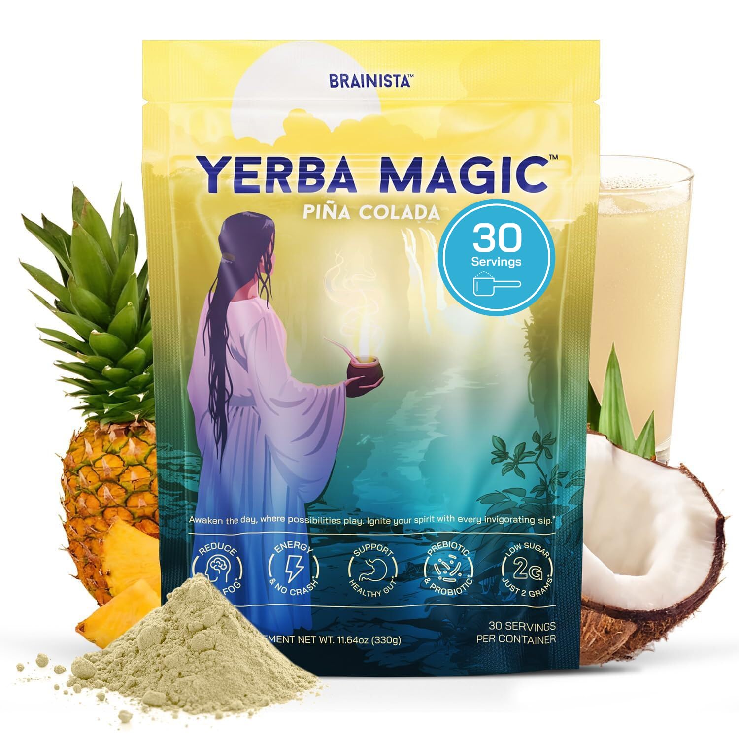 Yerba Magic – Yerba Mate Tea Instant Powder Super Drink with Nootropics, Prebiotics & Probiotics – Clean Energy, Mental Clarity & Gut Wellness | Low Sugar, Natural Caffeine – Peach Mango, 30 Servings