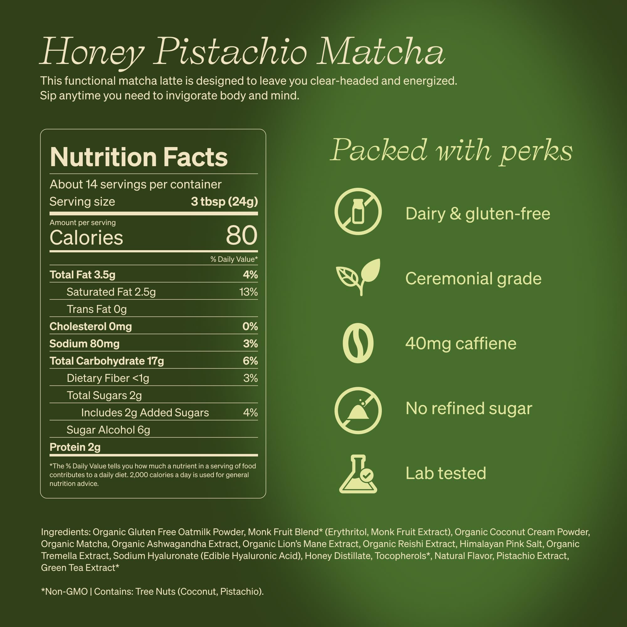 Clevr Organic Matcha Green Tea Latte, Instant Ceremonial Grade, Superfood Powder Blend with Oat Milk, Lions Mane, Reishi Mushroom, Coconut Cream, Ashwagandha, Serve Hot or Iced, (14 Lattes)