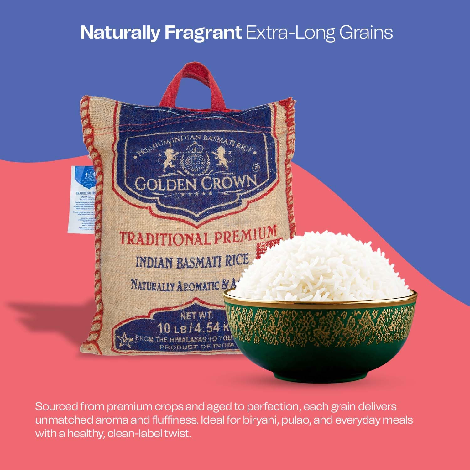 Golden Crown Traditional Premium Basmati Rice - 160 oz (10LB) | Naturally Aromatic & Aged Gluten | Chemical + Fat-Free Extra Long Authentic Fragrant | Fiber Vegan Halal Kosher Whole grains