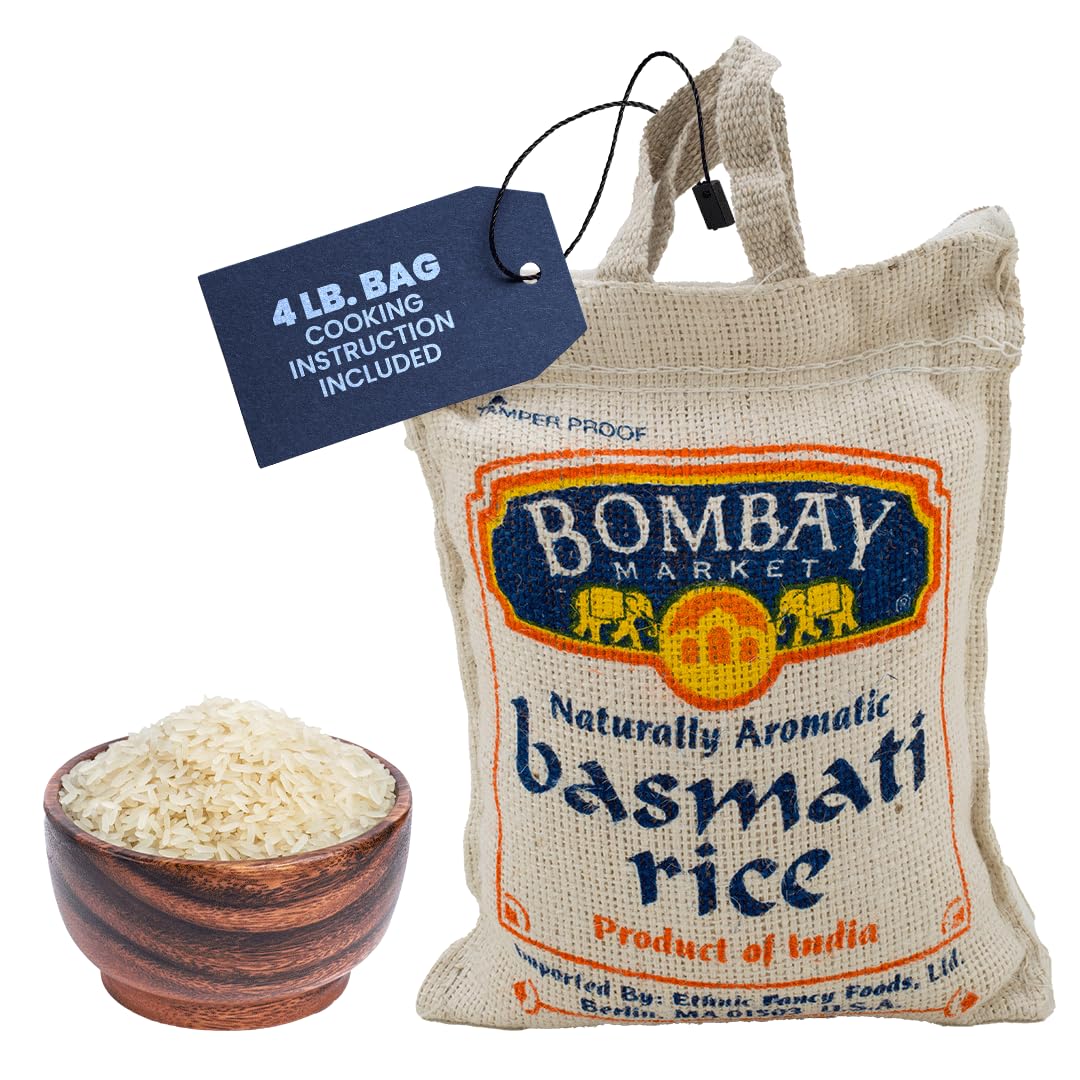 Bombay Market White Basmati Rice - Aromatic & Nutty Flavor Basmati Rice - Long Grain Rice Basmati (4 Pound Bag)