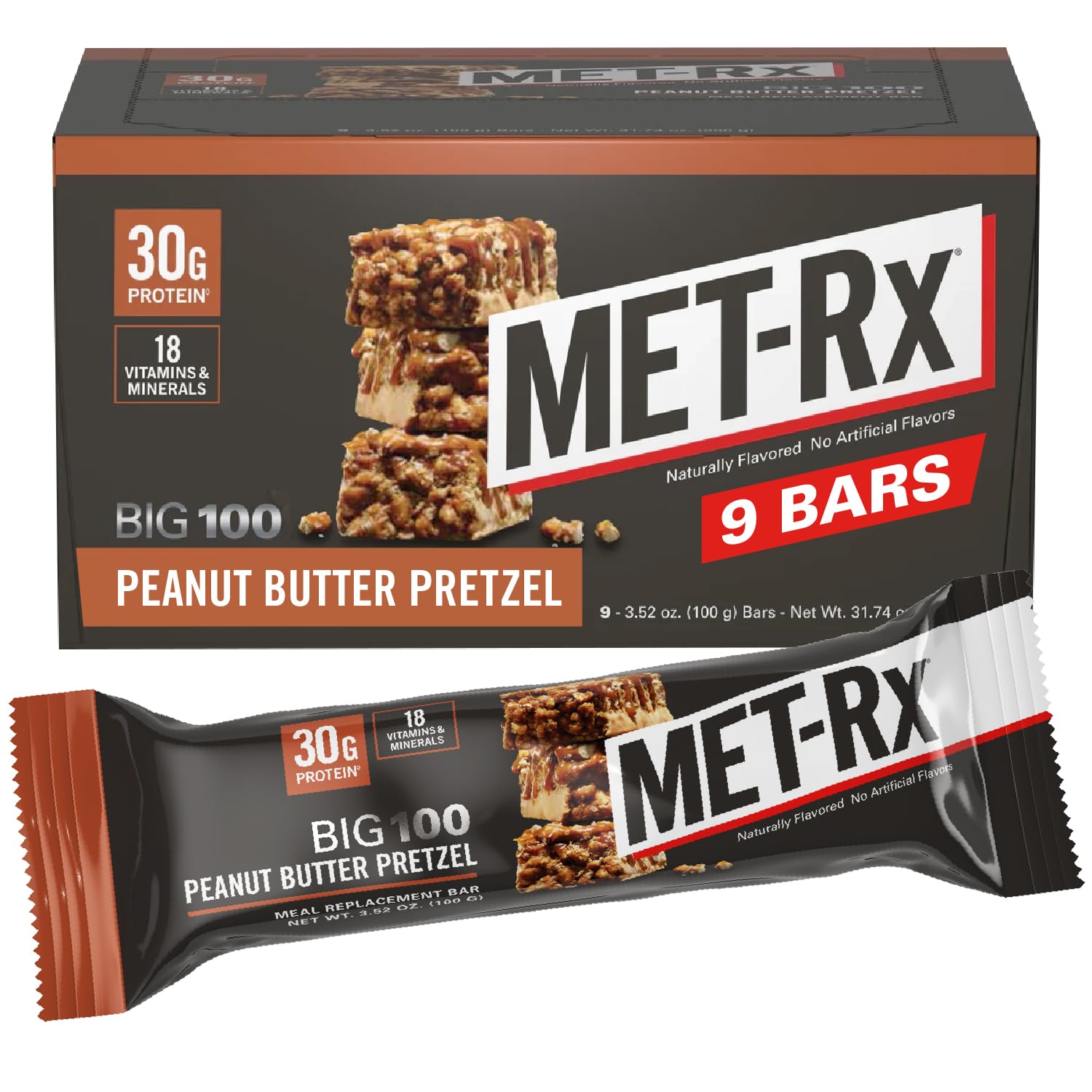 MET-Rx Big 100 Protein Bar, Meal Replacement Bar, 32G Protein, Super Cookie Crunch, 9 Bars (Pack of 1)