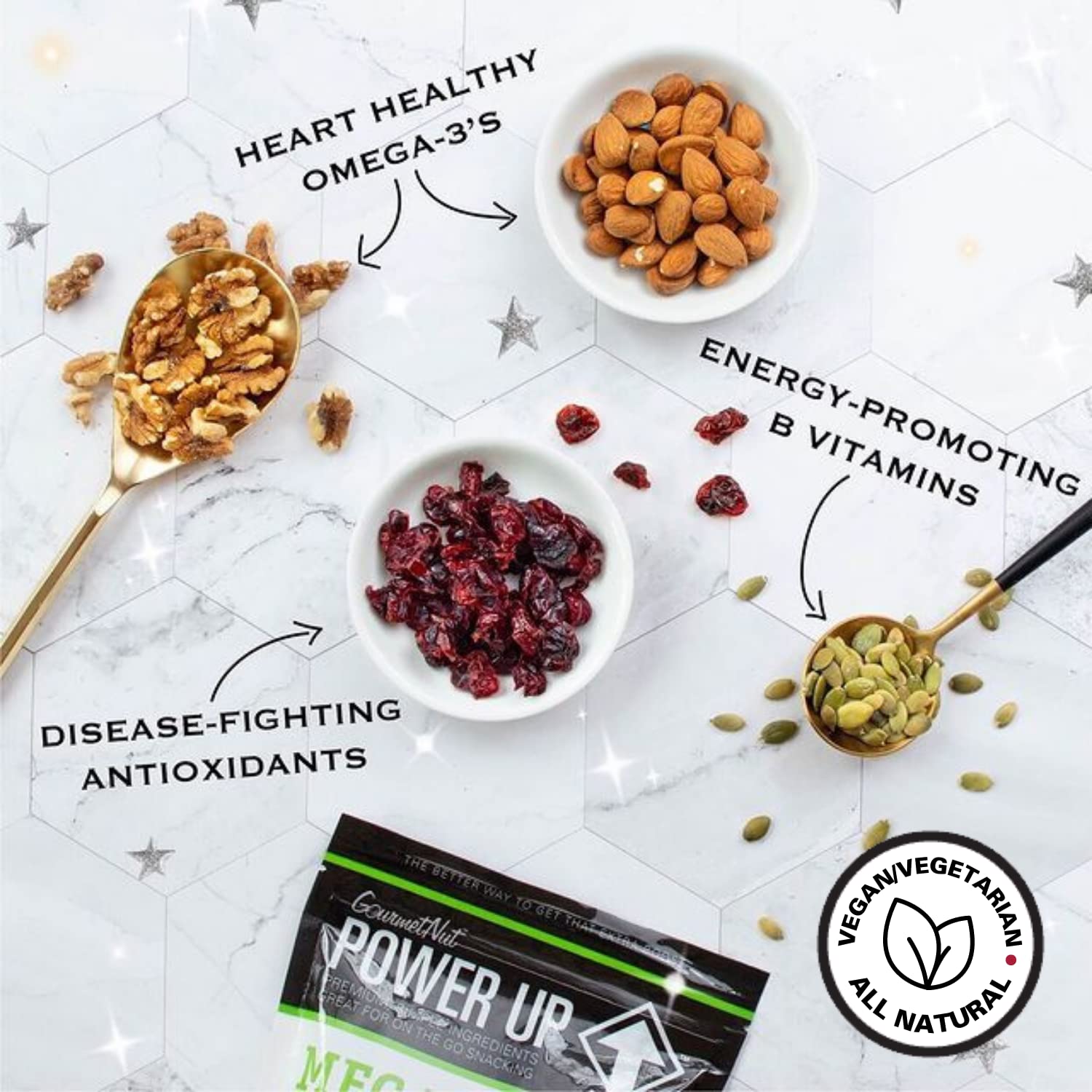 Power Up High Energy Trail Mix By Gourmet Nut, Walnuts, Banana Chips, Cashews, Coconut, Cranberries & Papaya Mix - Keto & Paleo Friendly Snacks - Non GMO Vegan Gluten Free Kosher, 8oz Bags, Pack of 4