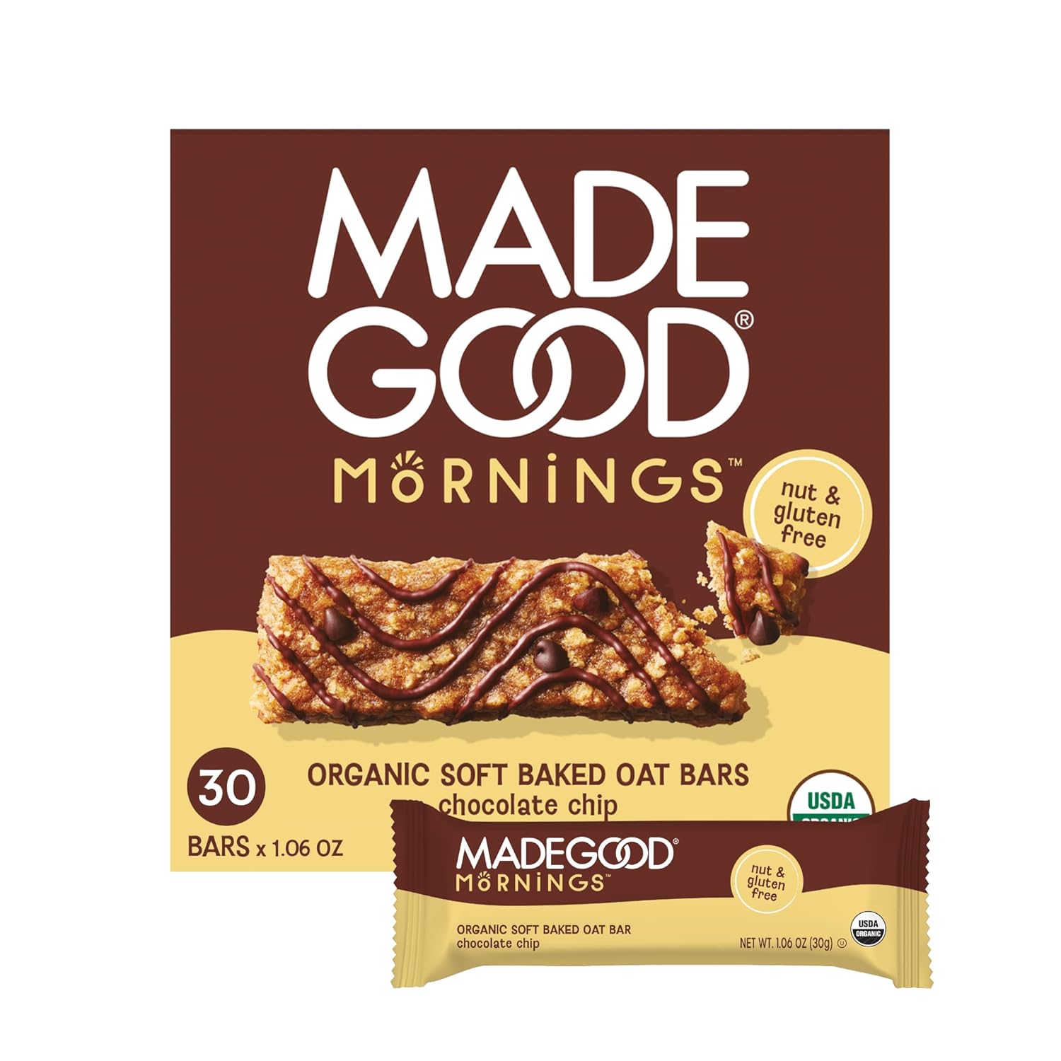 MadeGood Mornings Soft Baked Breakfast Bars, Cinnamon Bun 1.06 Oz (30 Count) Gluten Free Snacks