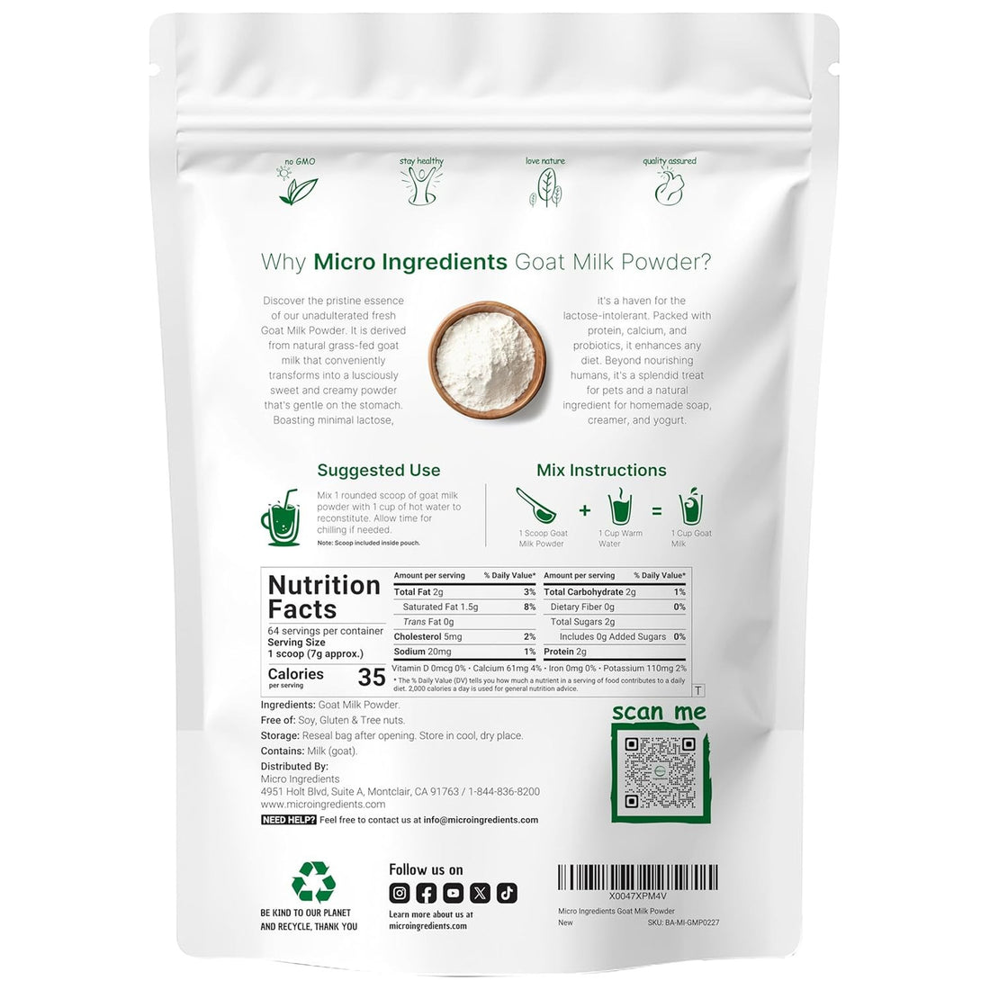 Micro Ingredients Goat Milk Powder, 2 Lb | Grass-Fed Australian Source | Pure, Easily Digested Formula | High in Protein, Calcium & Probiotics | Non-GMO, Gluten-Free, Pet Friendly