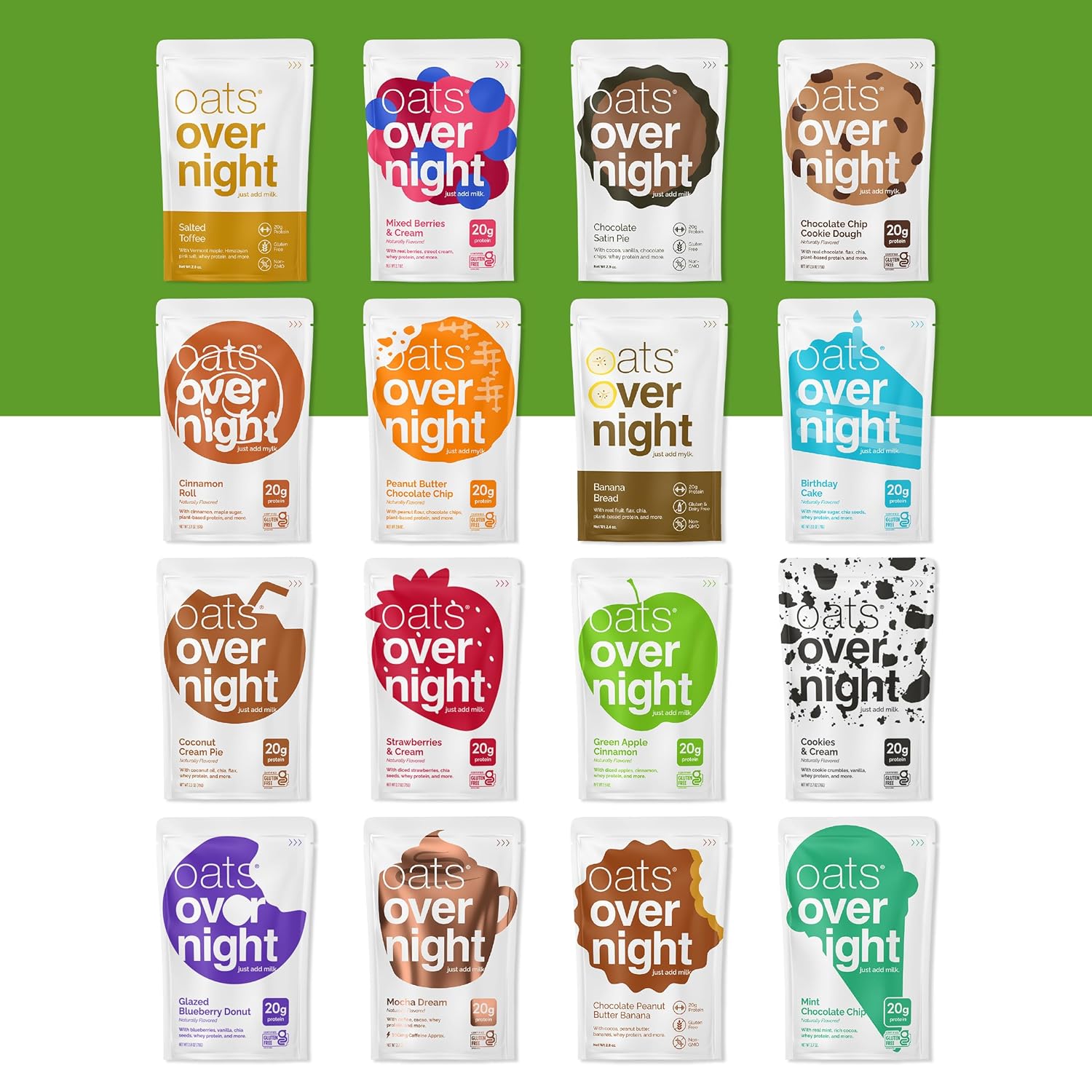 Oats Overnight Ultimate Variety Pack - High Protein, 5g Fiber Breakfast Protein Shake, Gluten Free Oatmeal, Non GMO Oatmeal - Green Apple Cinnamon, Coconut Cream Pie & More (16 Pack + Shaker Bottle)
