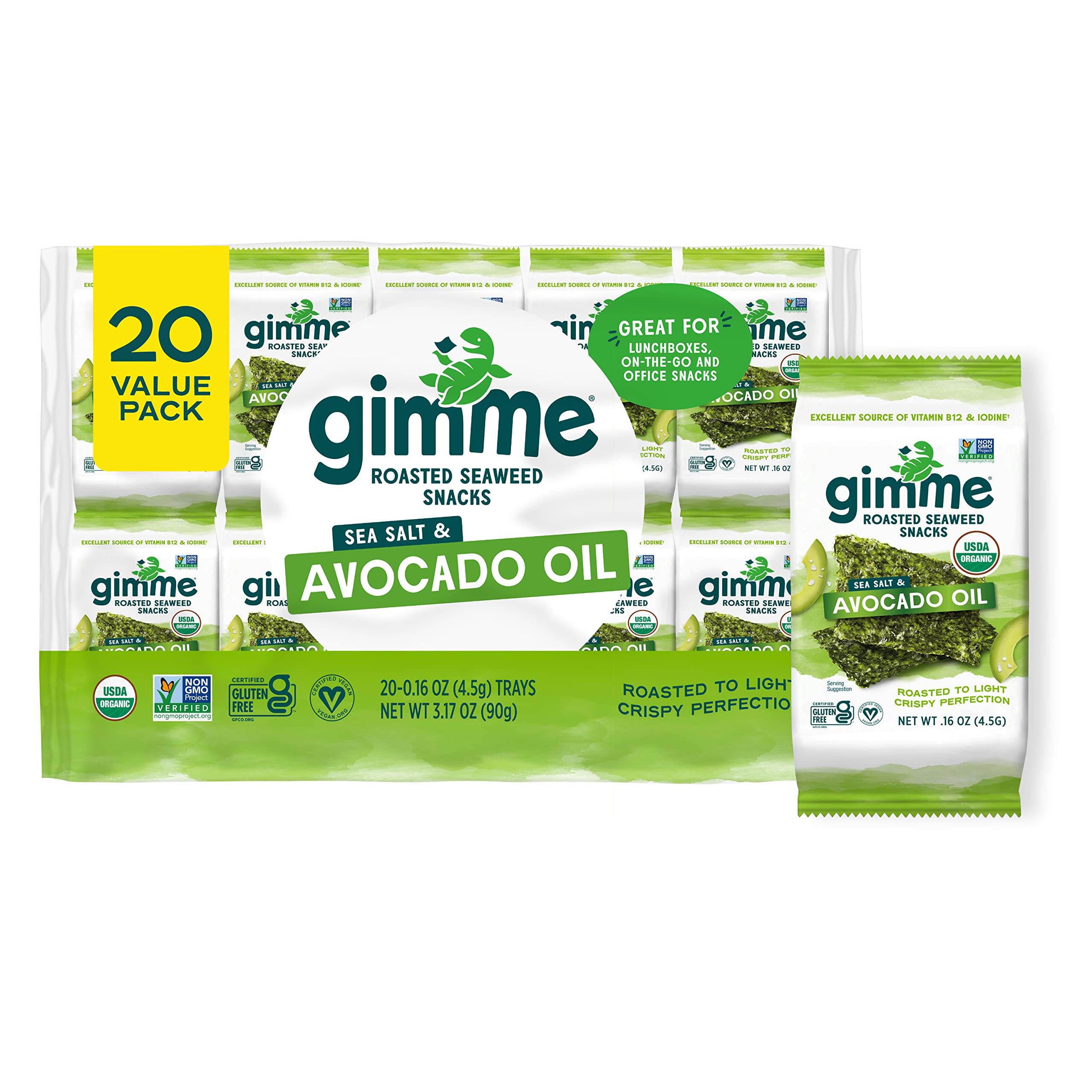 Gimme Seaweed Organic Premium Roasted Seaweed Snacks, Sea Salt, 20 Count, Keto, Vegan, Gluten-Free, Great Source of Omega3s and Iodine, Healthy On-The-Go Snack for Kids and Adults