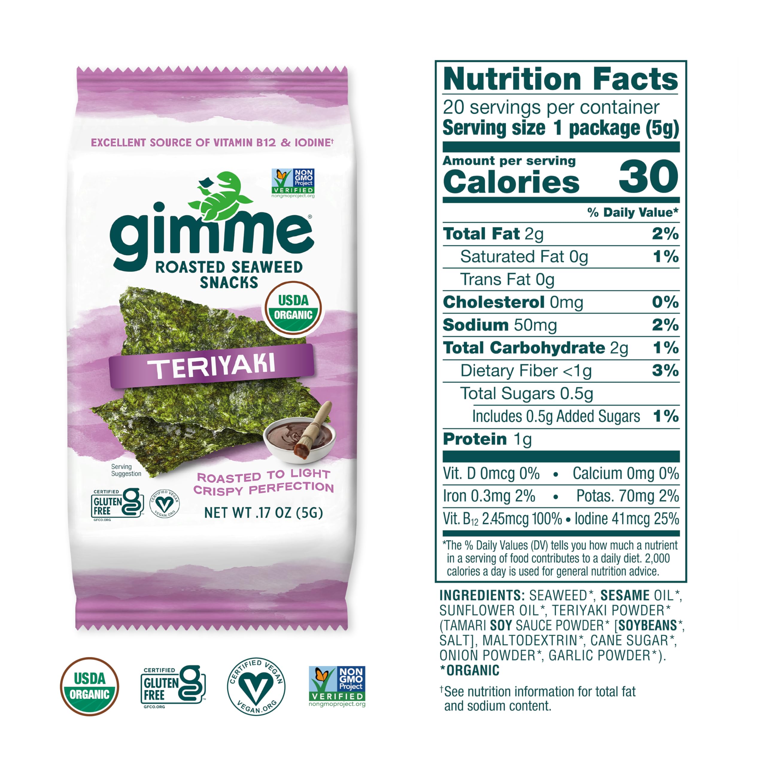 Gimme Seaweed Organic Premium Roasted Seaweed Snacks, Sea Salt, 20 Count, Keto, Vegan, Gluten-Free, Great Source of Omega3s and Iodine, Healthy On-The-Go Snack for Kids and Adults