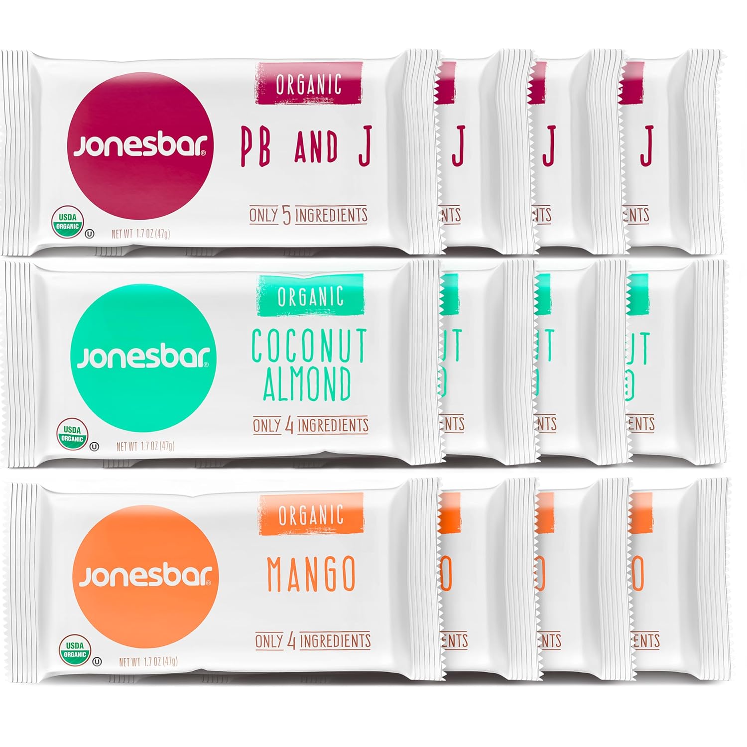 JONESBAR Organic Plant Based Protein Bars | Peanut Butter and Jelly | Fruit & Nut Bar, Kosher, Gluten Free, Breakfast Bars, School Snacks, Vegan Snack & Healthy Snacks for Adults and Kids (Pack of 12)