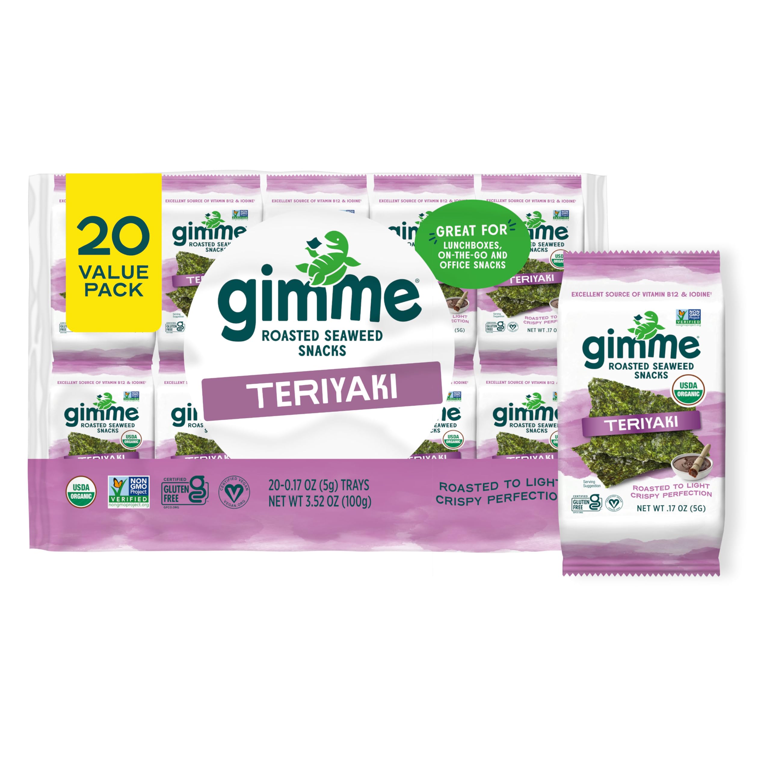 Gimme Seaweed Organic Premium Roasted Seaweed Snacks, Sea Salt, 20 Count, Keto, Vegan, Gluten-Free, Great Source of Omega3s and Iodine, Healthy On-The-Go Snack for Kids and Adults