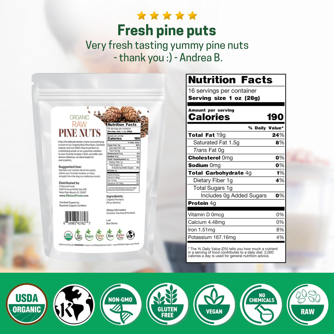 Z Natural Foods Organic Pine Nuts - Raw Nutrient-Dense Superfood Packed in Airtight Foil Pouches - Pure Pine Nut for Pesto, Trail Mix, Salad & Recipes - Vegan, Gluten-Free, Keto-Friendly Snacks, 1 lb