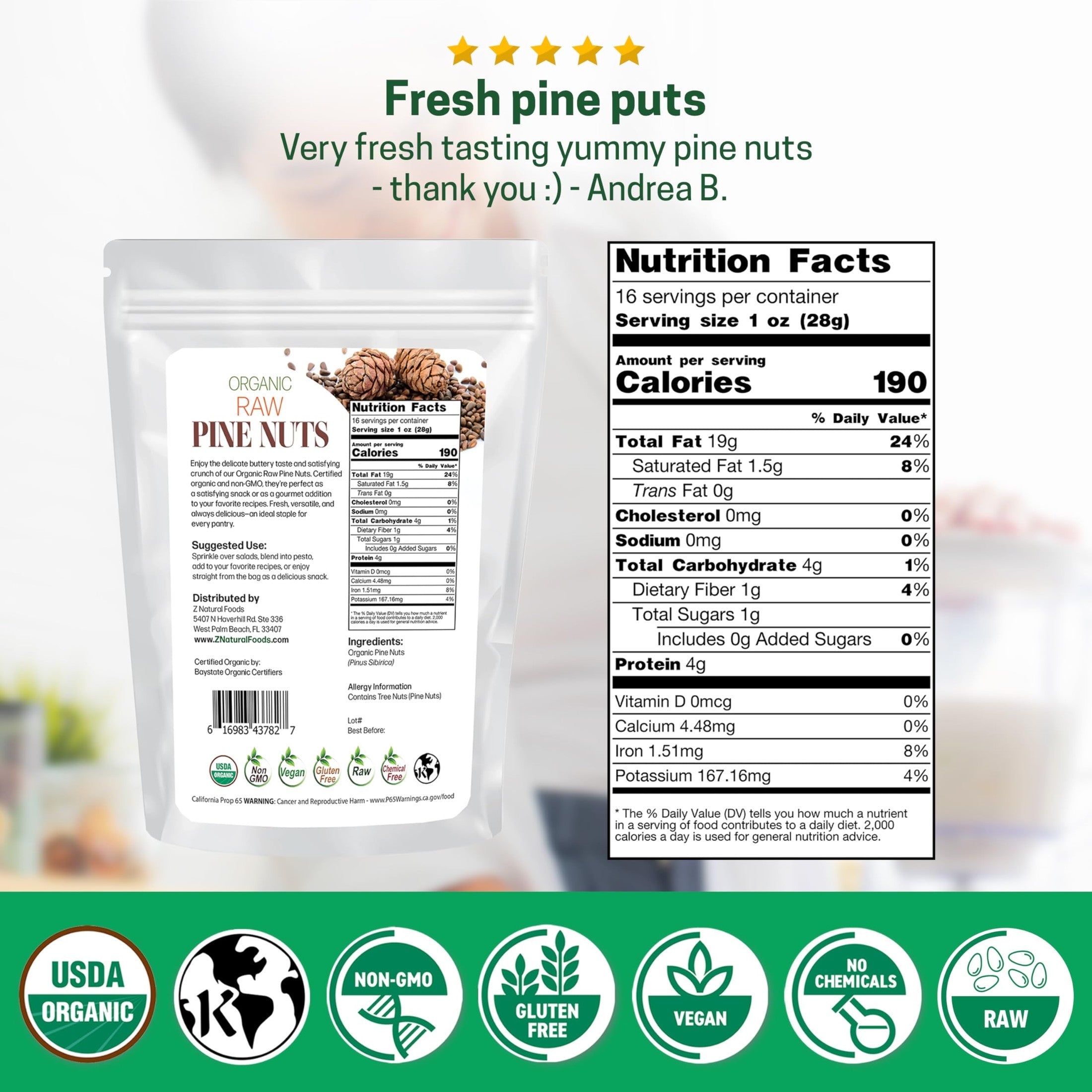 Z Natural Foods Organic Pine Nuts - Raw Nutrient-Dense Superfood Packed in Airtight Foil Pouches - Pure Pine Nut for Pesto, Trail Mix, Salad & Recipes - Vegan, Gluten-Free, Keto-Friendly Snacks, 1 lb