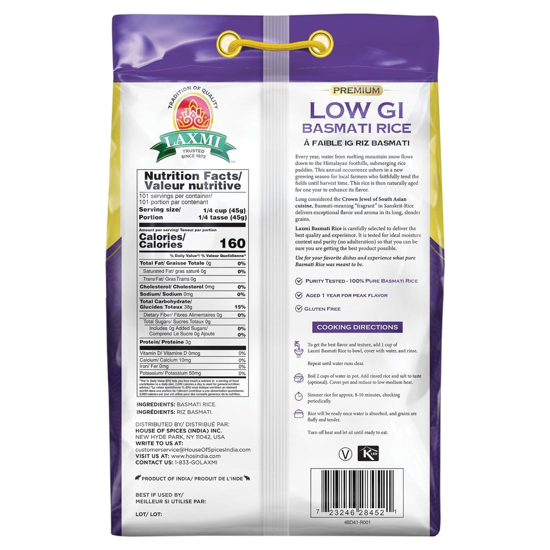 Laxmi Diabetic Friendly Basmati Rice w/Lower G.I. Index Value - 10lb