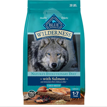 Blue Buffalo Wilderness Natural High-Protein Dry Food for Adult Dogs, with Wholesome Grains, Salmon, 28-lb Bag.