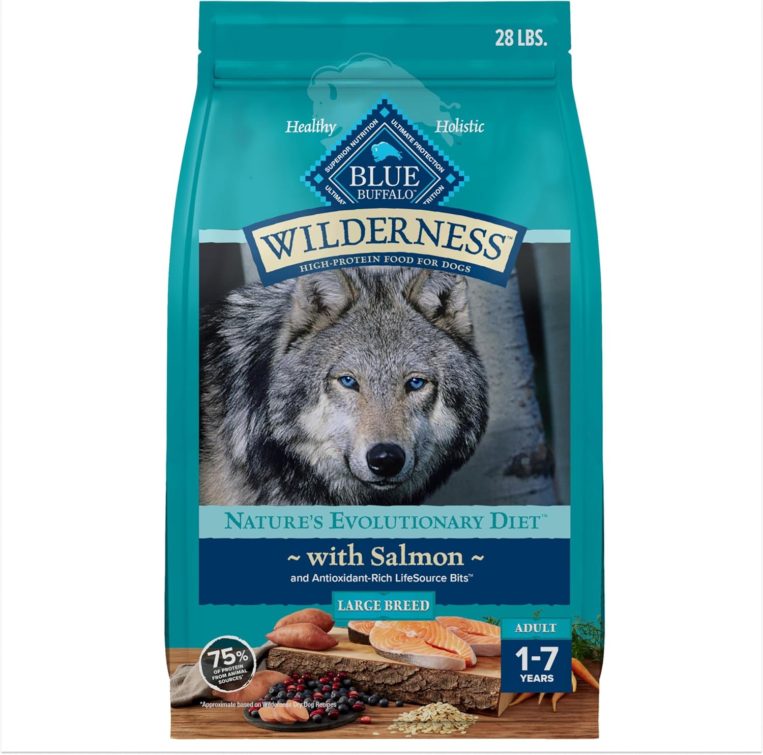 Blue Buffalo Wilderness Natural High-Protein Dry Food for Adult Dogs, with Wholesome Grains, Salmon, 28-lb Bag.