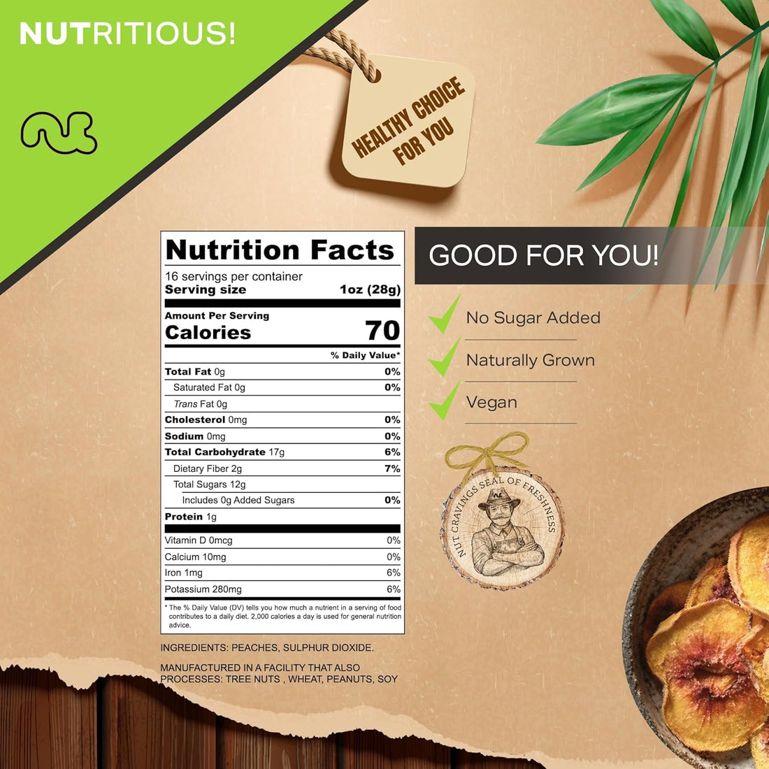 NUT CRAVINGS - Dried California Peaches, No Sugar Added, Unsweetened (16oz, 1 LB) Sweet Healthy Snack, Vegan, Kosher, Resealable Bag