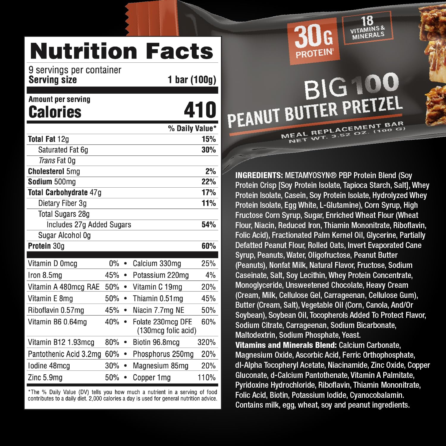 MET-Rx Big 100 Protein Bar, Meal Replacement Bar, 32G Protein, Super Cookie Crunch, 9 Bars (Pack of 1)