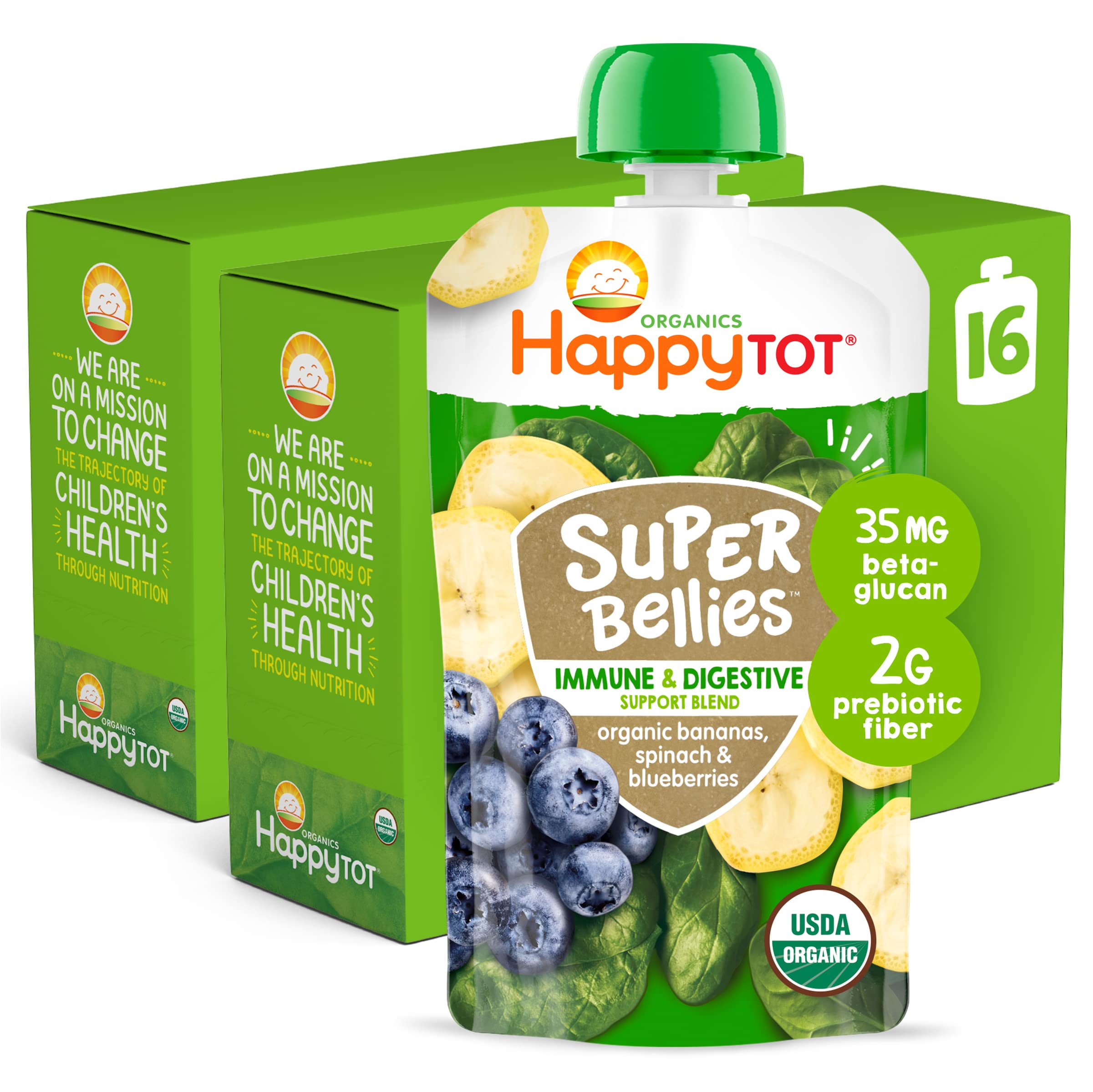 HAPPYTOT Organics Stage 4 Baby Food Pouches, Gluten Free, Vegan Snack, Super Bellies, Fruit & Veggie Puree, Variety Pack, 4 Ounce (Pack of 16), Amazon Exclusive