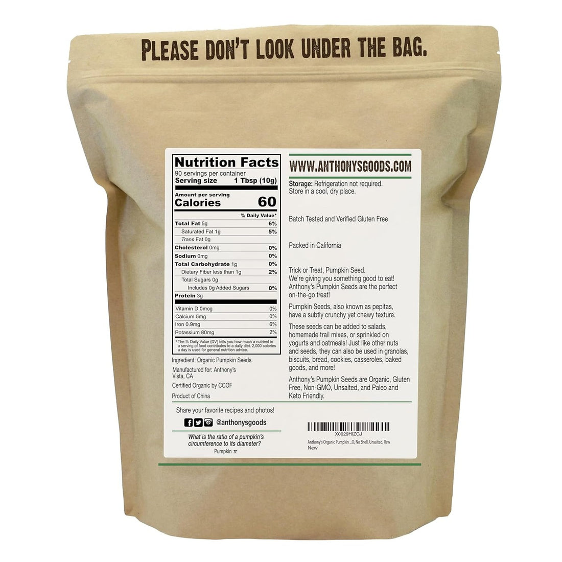 Anthony's Organic Pumpkin Seeds, 2 lb, Gluten Free, Non GMO, No Shell, Unsalted, Raw