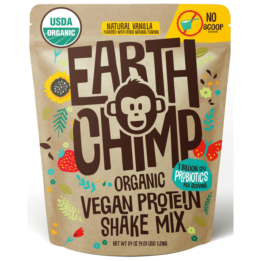 EarthChimp Organic Vegan Protein Powder - with Probiotics - Non GMO, Dairy Free, Non Whey, Plant Based Protein Powder for Women and Men, Gluten Free - 26 Servings 32 Oz (Chocolate)