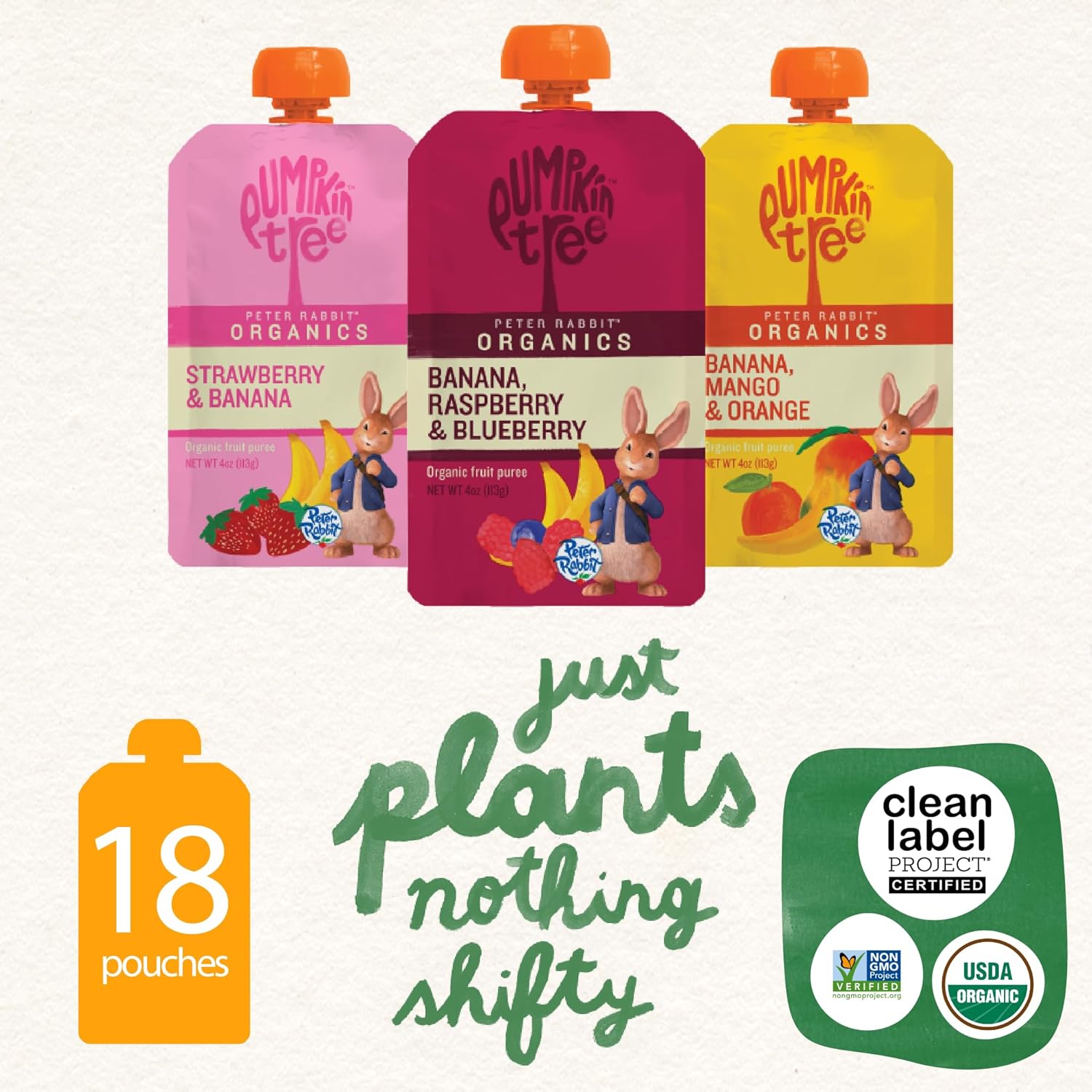 Peter Rabbit Organics Fruit Flavors Variety Pack - Squeezable Snack Pouches 4 oz. (Pack of 18)