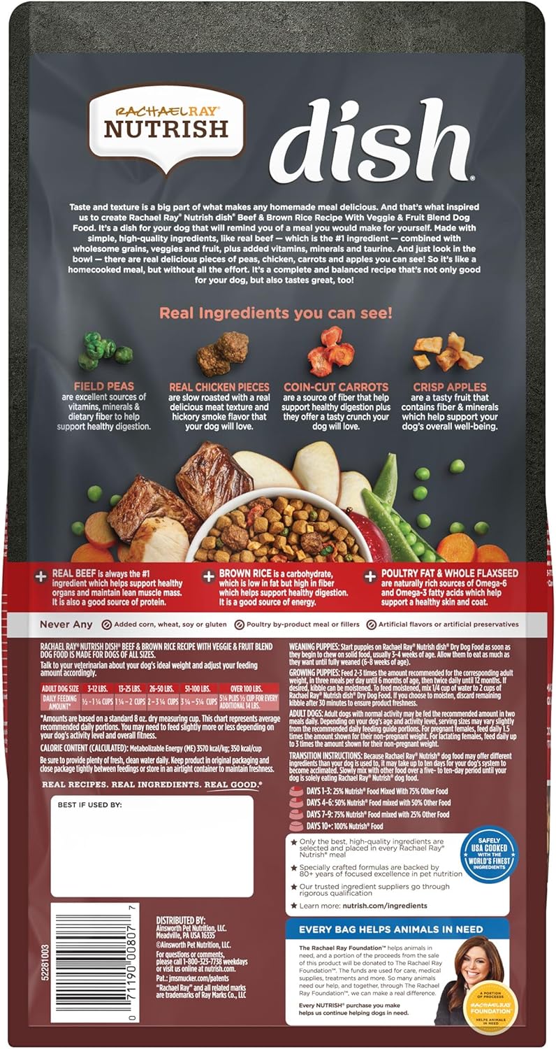 Rachael Ray Nutrish Dish Dry Dog Food Beef & Brown Rice Recipe With Veggie & Fruit Blend, 23 lb. Bag