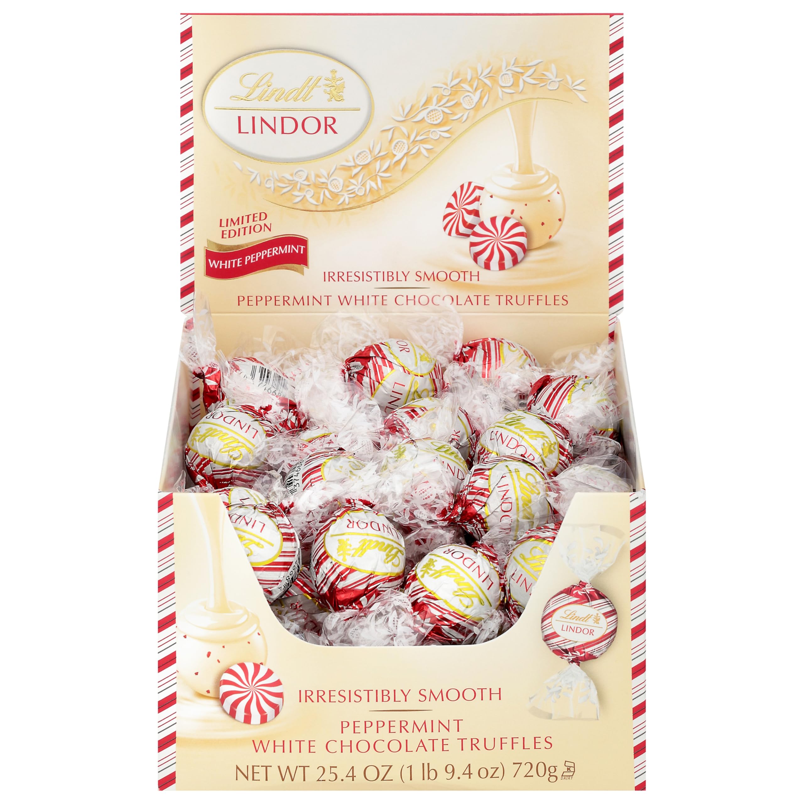 Lindt LINDOR White Chocolate Peppermint Truffles, White Chocolate Candy with Smooth Peppermint Truffle Center, 25.4 oz., 60 Count