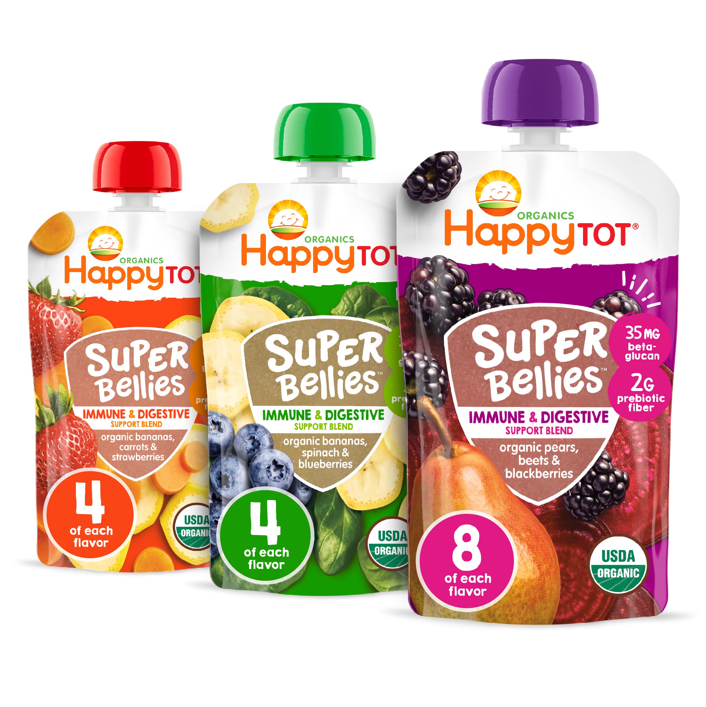 HAPPYTOT Organics Stage 4 Baby Food Pouches, Gluten Free, Vegan Snack, Super Bellies, Fruit & Veggie Puree, Variety Pack, 4 Ounce (Pack of 16), Amazon Exclusive