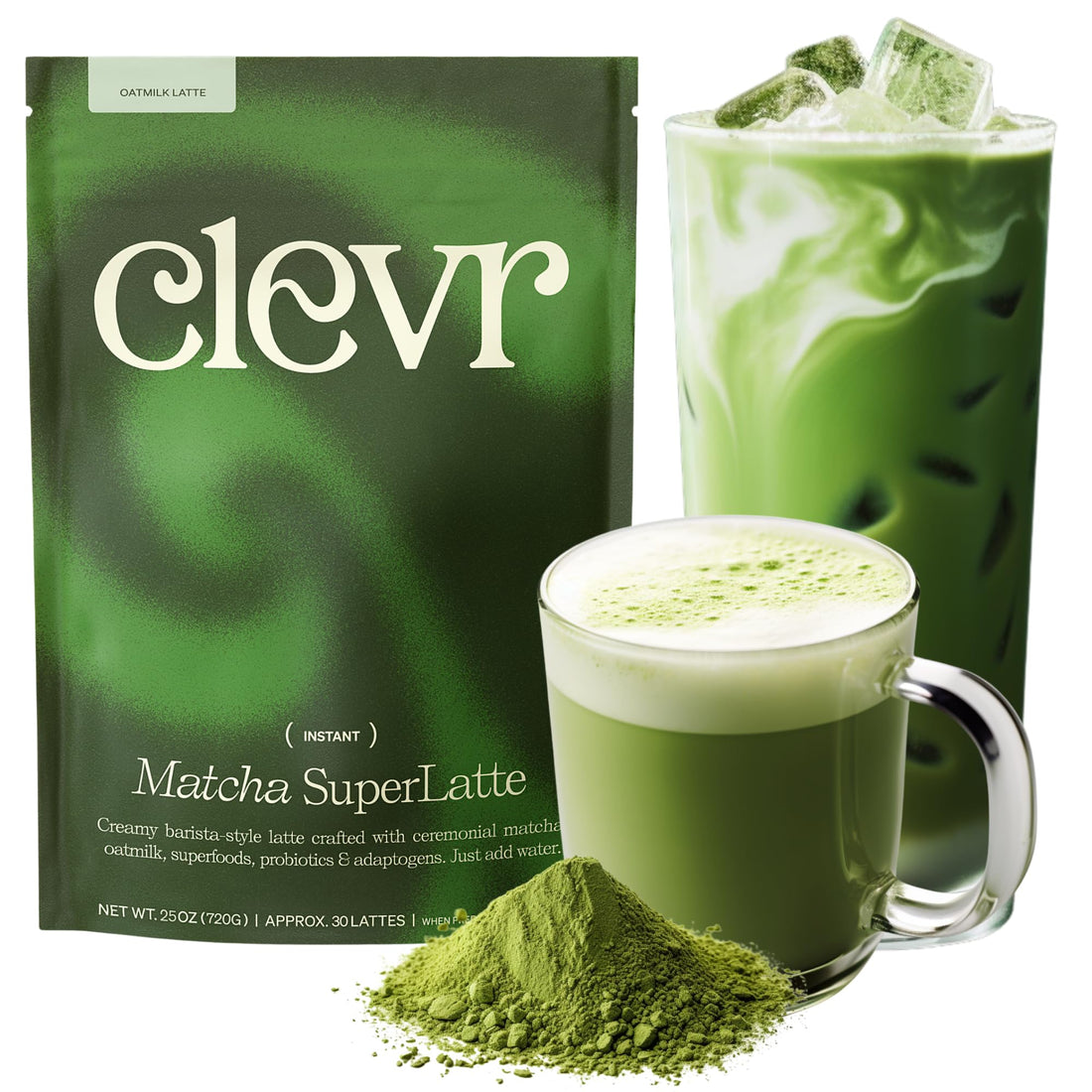 Clevr Organic Matcha Green Tea Latte, Instant Ceremonial Grade, Superfood Powder Blend with Oat Milk, Lions Mane, Reishi Mushroom, Coconut Cream, Ashwagandha, Serve Hot or Iced, (14 Lattes)