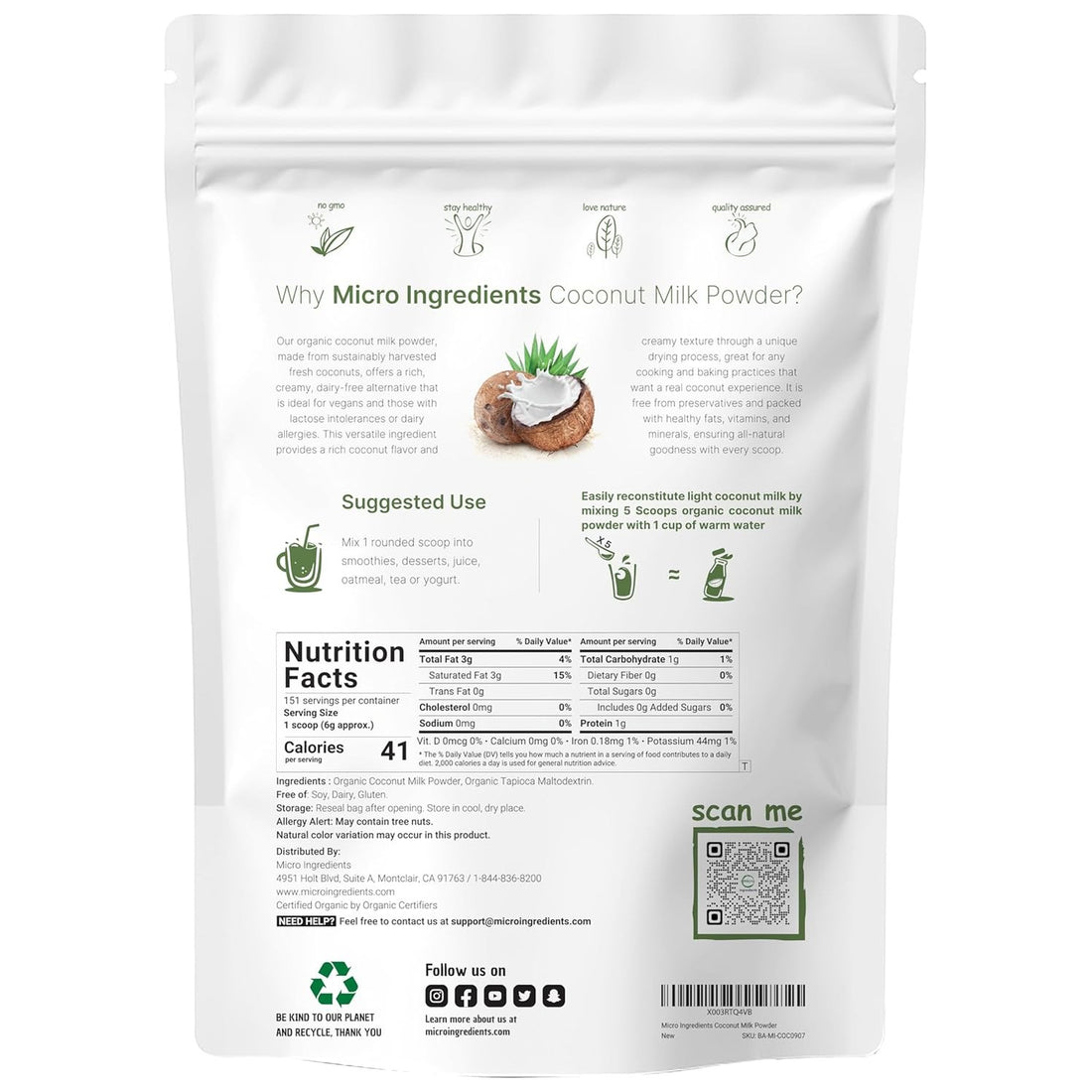 Micro Ingredients Organic Coconut Milk Powder, 2 Lb | Plant-Based Creamer for Coffee, Tea & Smoothies | Pure & Rich in MCT | Non-GMO, Gluten-Free, Keto & Paleo Friendly