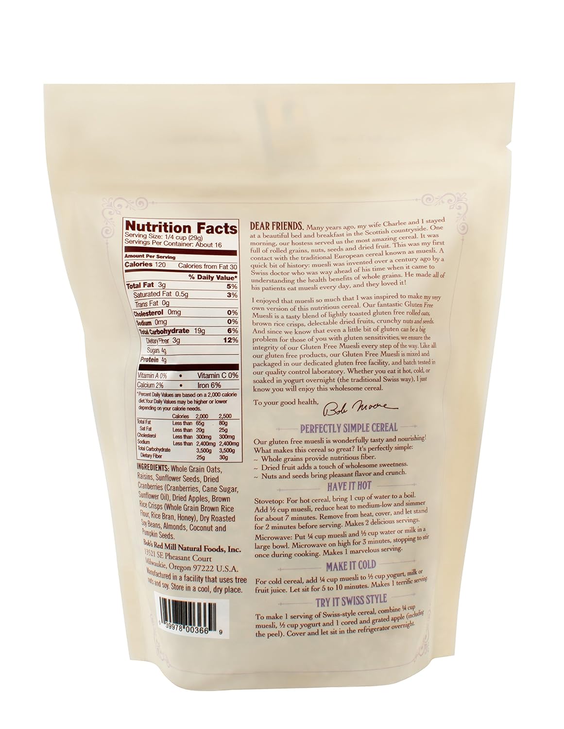 Bob's Red Mill Gluten Free Muesli, 16oz (Pack of 4) - Gluten Free, Non GMO, Kosher