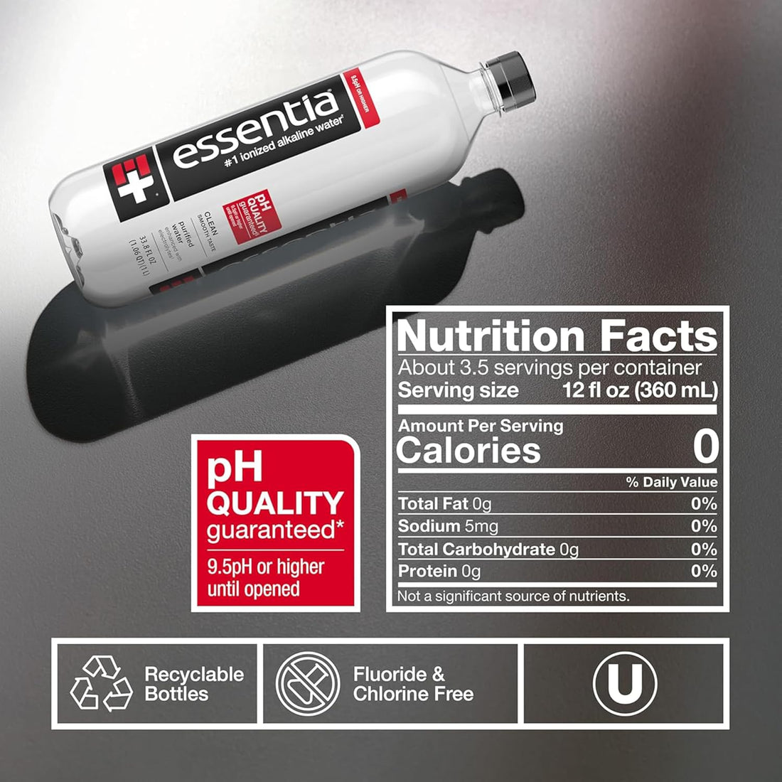 Essentia Water LLC , 99.9% Pure, Infused with Electrolytes for a Smooth Taste, pH 9.5 or Higher; Ionized Alkaline Water, Black, 42.3 Fl Oz (Pack of 12)