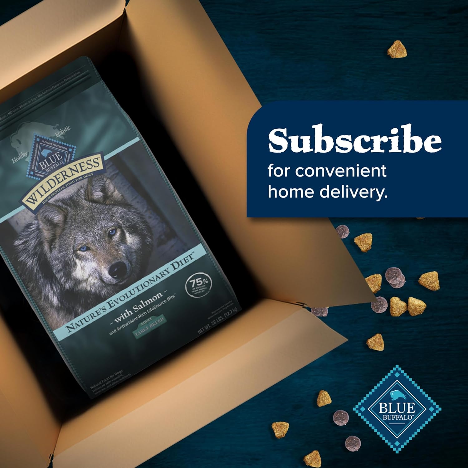 Blue Buffalo Wilderness Natural High-Protein Dry Food for Adult Dogs, with Wholesome Grains, Salmon, 28-lb Bag.