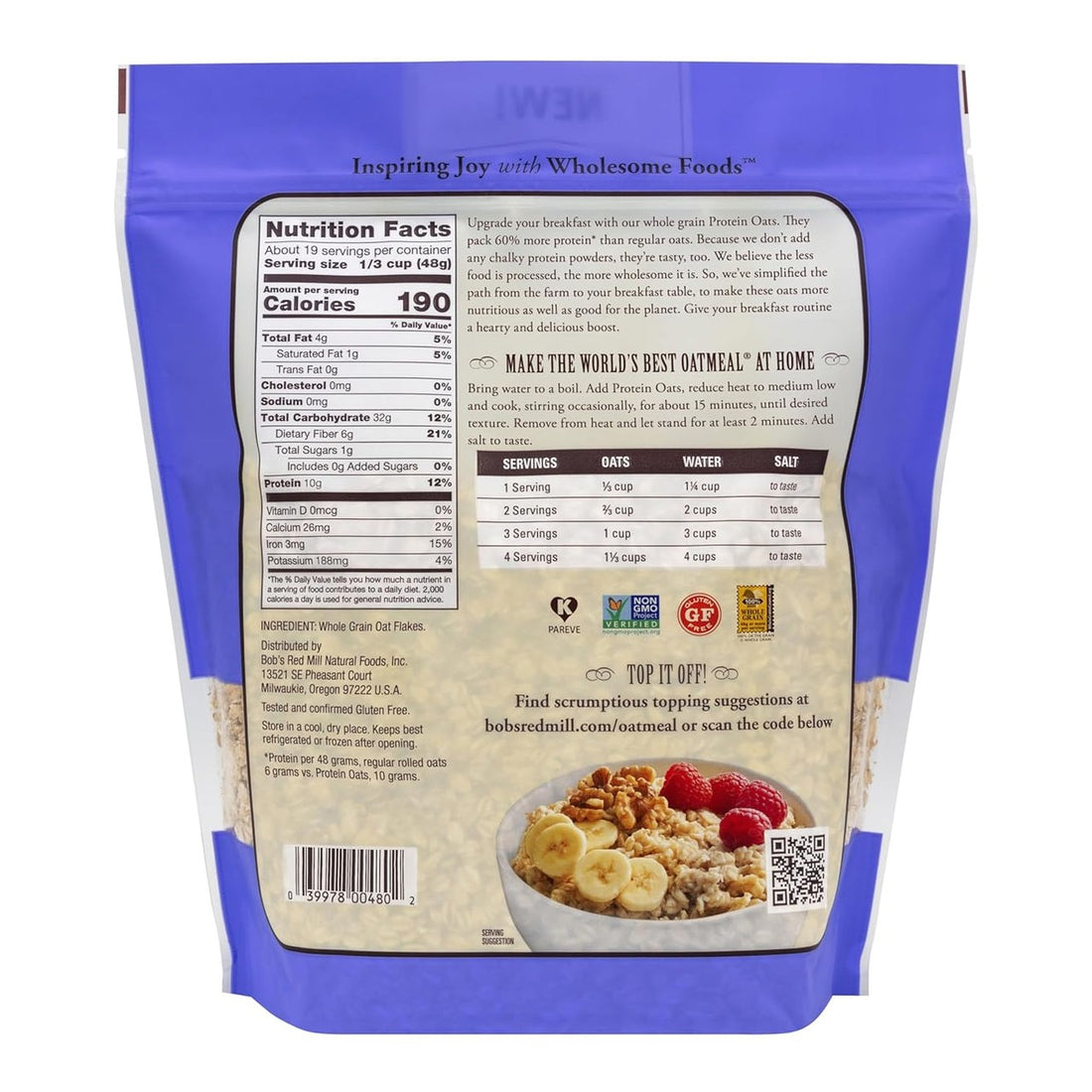 Bob's Red Mill Gluten Free Protein Oats, 32oz (Pack of 4) - 10g Protein/Serving, Non GMO, Whole Grain, Vegan, Kosher