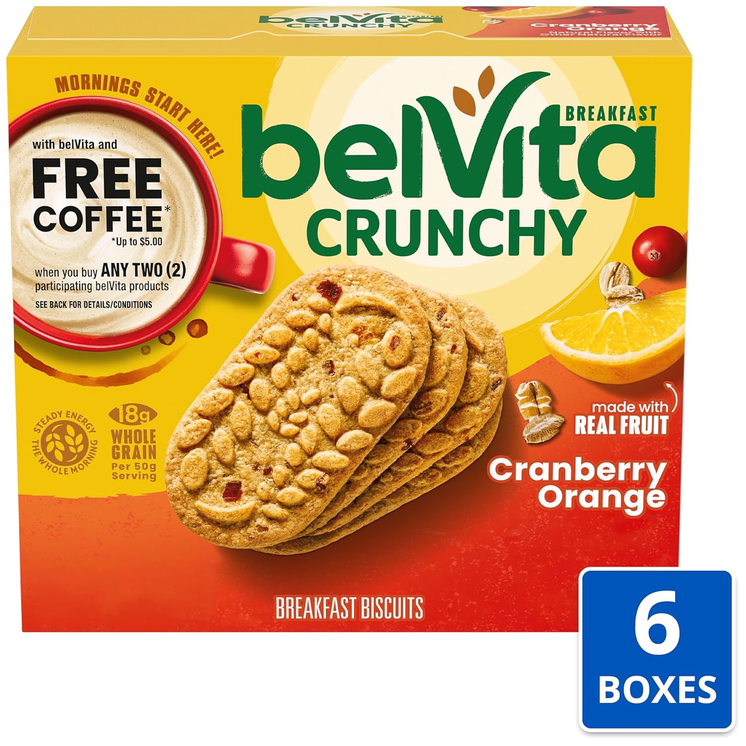 belVita Breakfast Bars Biscuits, Cranberry Orange, 30 Total Packs, 6 Boxes (4 Biscuits Per Pack)