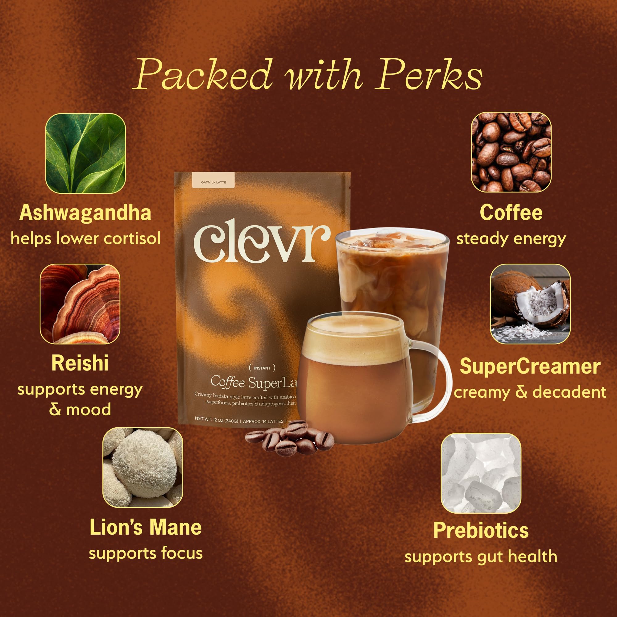 Clevr Organic Matcha Green Tea Latte, Instant Ceremonial Grade, Superfood Powder Blend with Oat Milk, Lions Mane, Reishi Mushroom, Coconut Cream, Ashwagandha, Serve Hot or Iced, (14 Lattes)