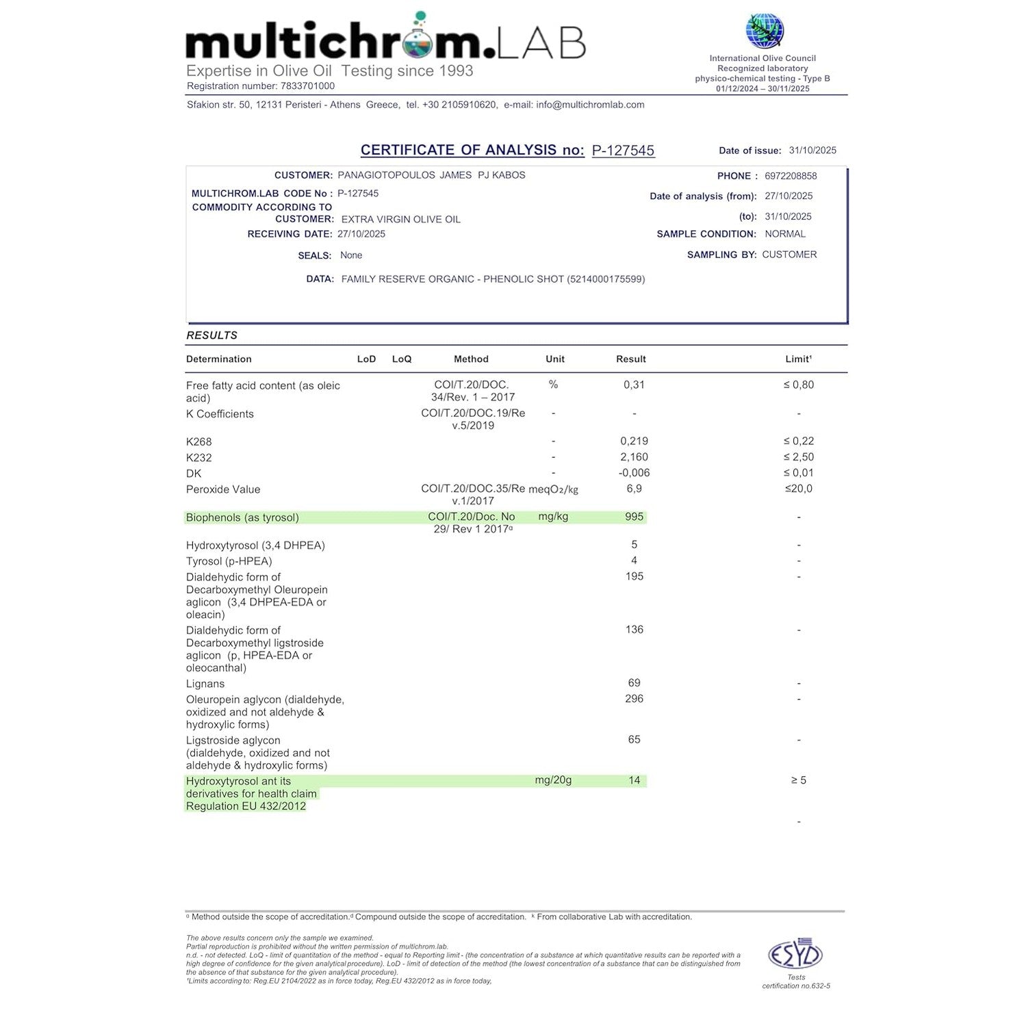 P.J. KABOS 2025/26 Fresh Harvest, Extremely High Phenolic (900+ mg/kg), USDA Organic Greek Extra Virgin Olive Oil, Kosher, Cold Extracted, 16.9oz Glass Bottle, PJ KABOS “Family Reserve Organic - Phenolic Shot”