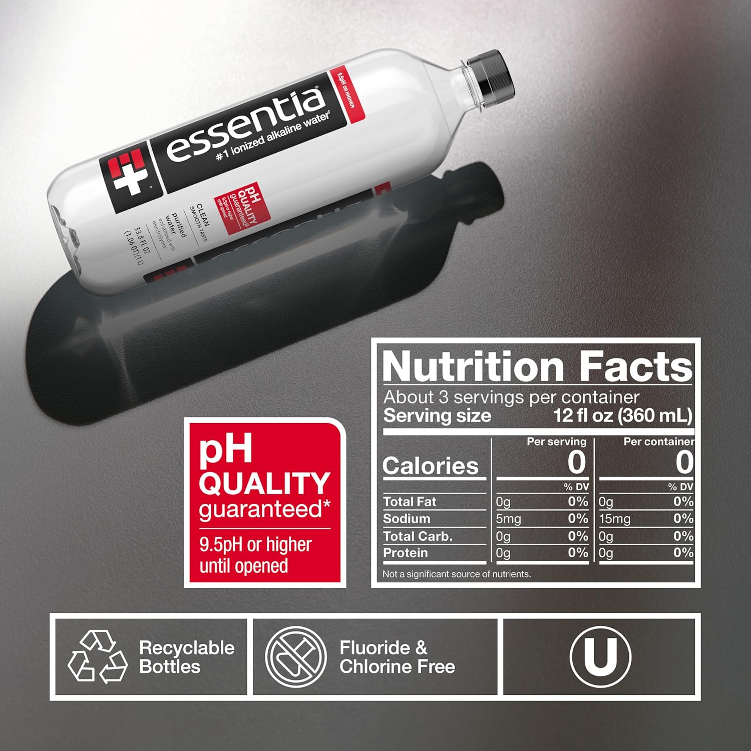 Essentia Water Bottled, Ionized Alkaline Water:99.9% Pure, Infused With Electrolytes, 9.5 pH Or Higher With A Clean, Smooth Taste, 1 Litre (Pack of 12)