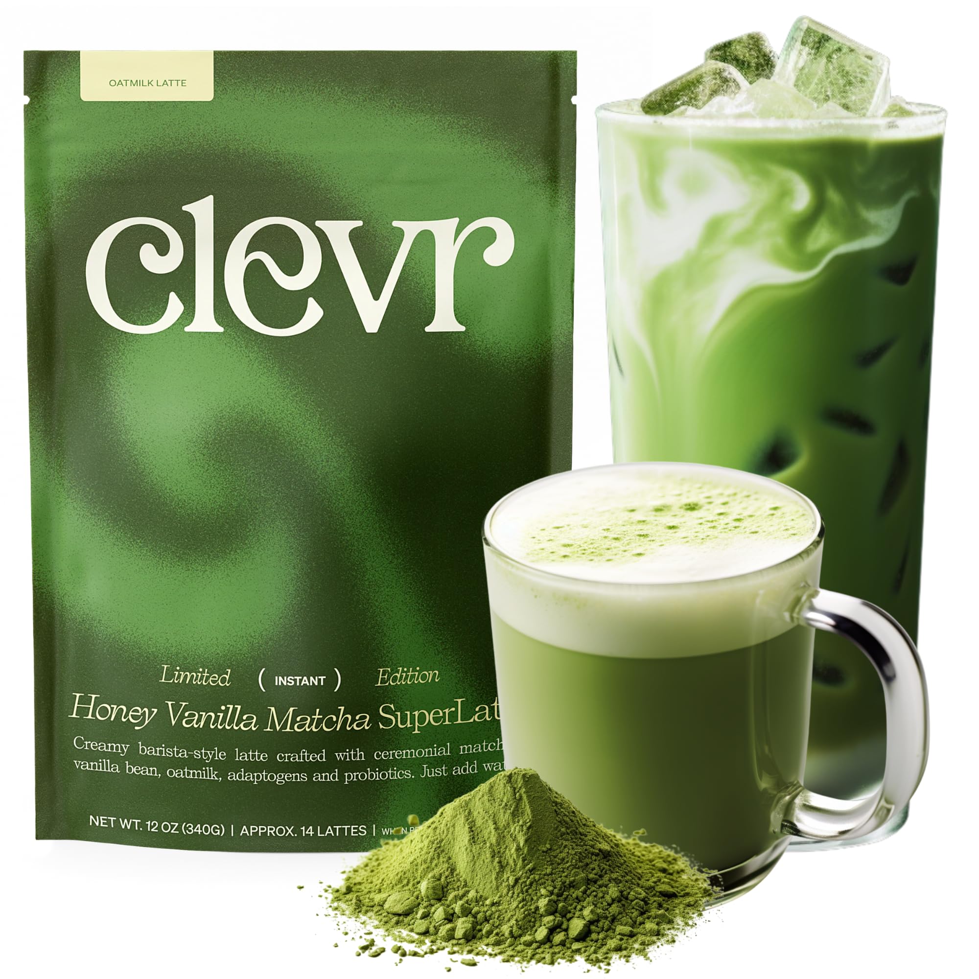 Clevr Organic Matcha Green Tea Latte, Instant Ceremonial Grade, Superfood Powder Blend with Oat Milk, Lions Mane, Reishi Mushroom, Coconut Cream, Ashwagandha, Serve Hot or Iced, (14 Lattes)